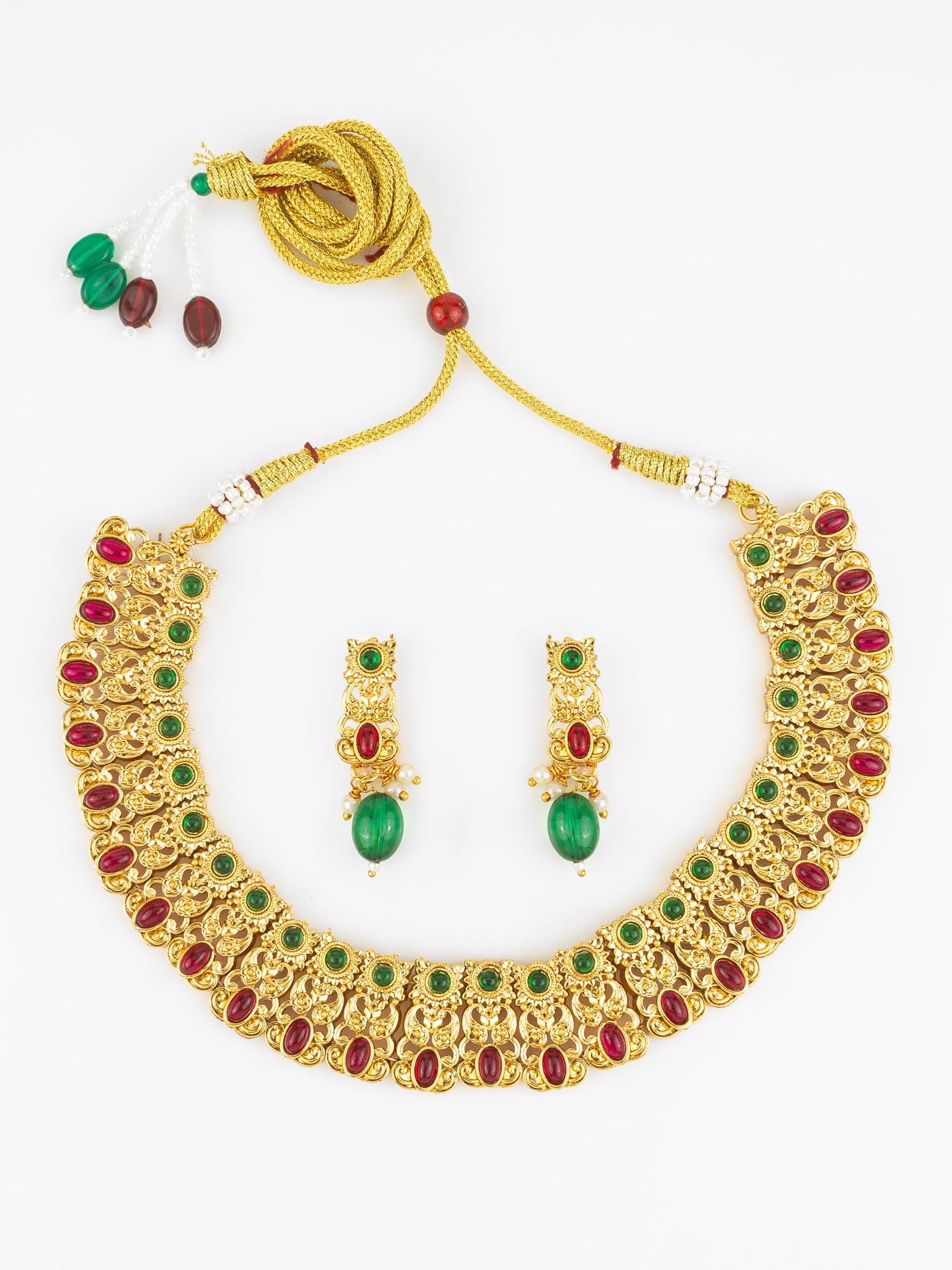 Gold Plated Red & Green Temple-Inspired Necklace Set with Drop Earrings | Aadita Jewelry