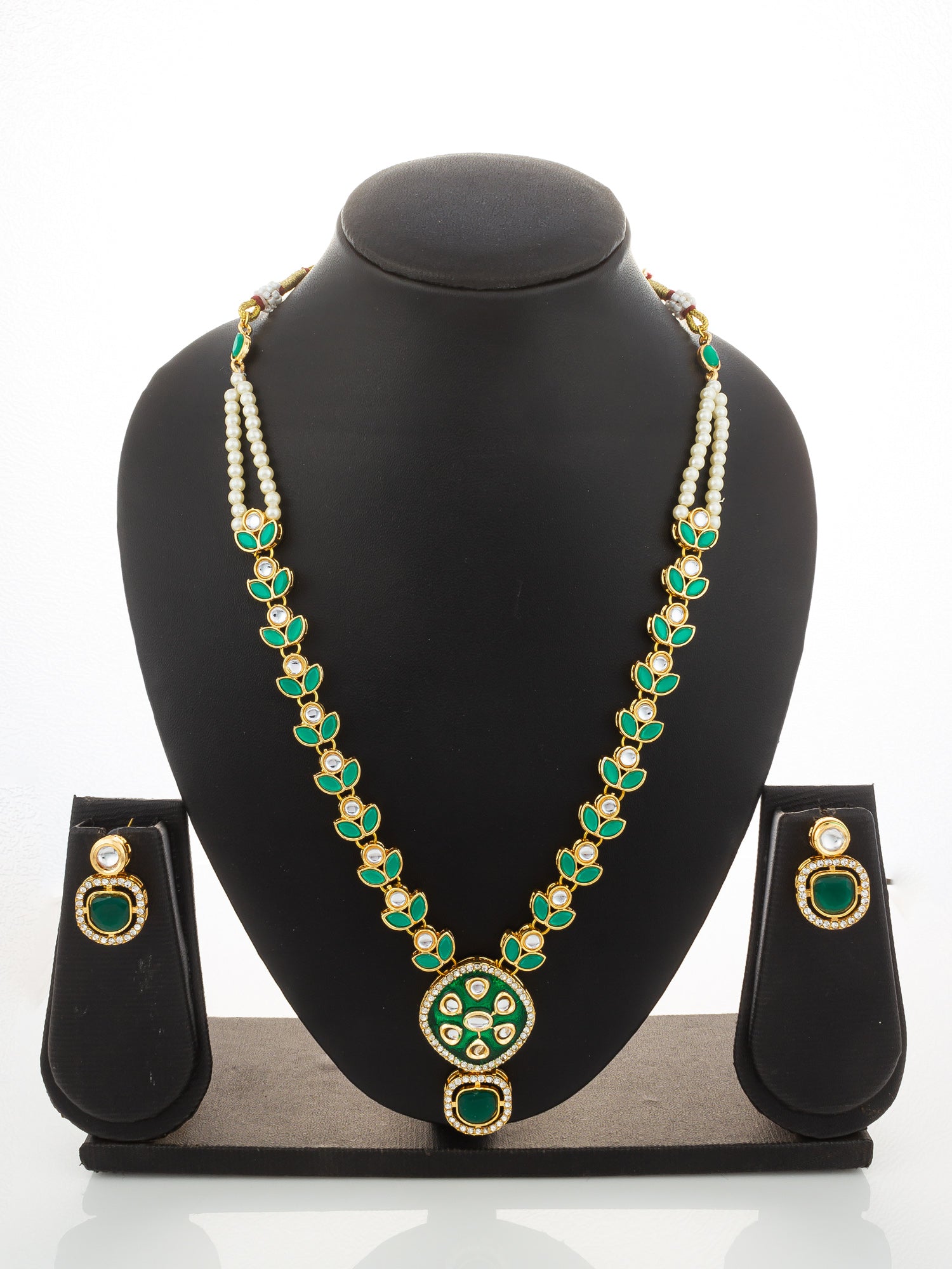 Aadita Gold-Plated Kundan Necklace Set with Green Meenakari Pendant and Pearl Chain and Earrings – View 5 | Aadita Jewelry