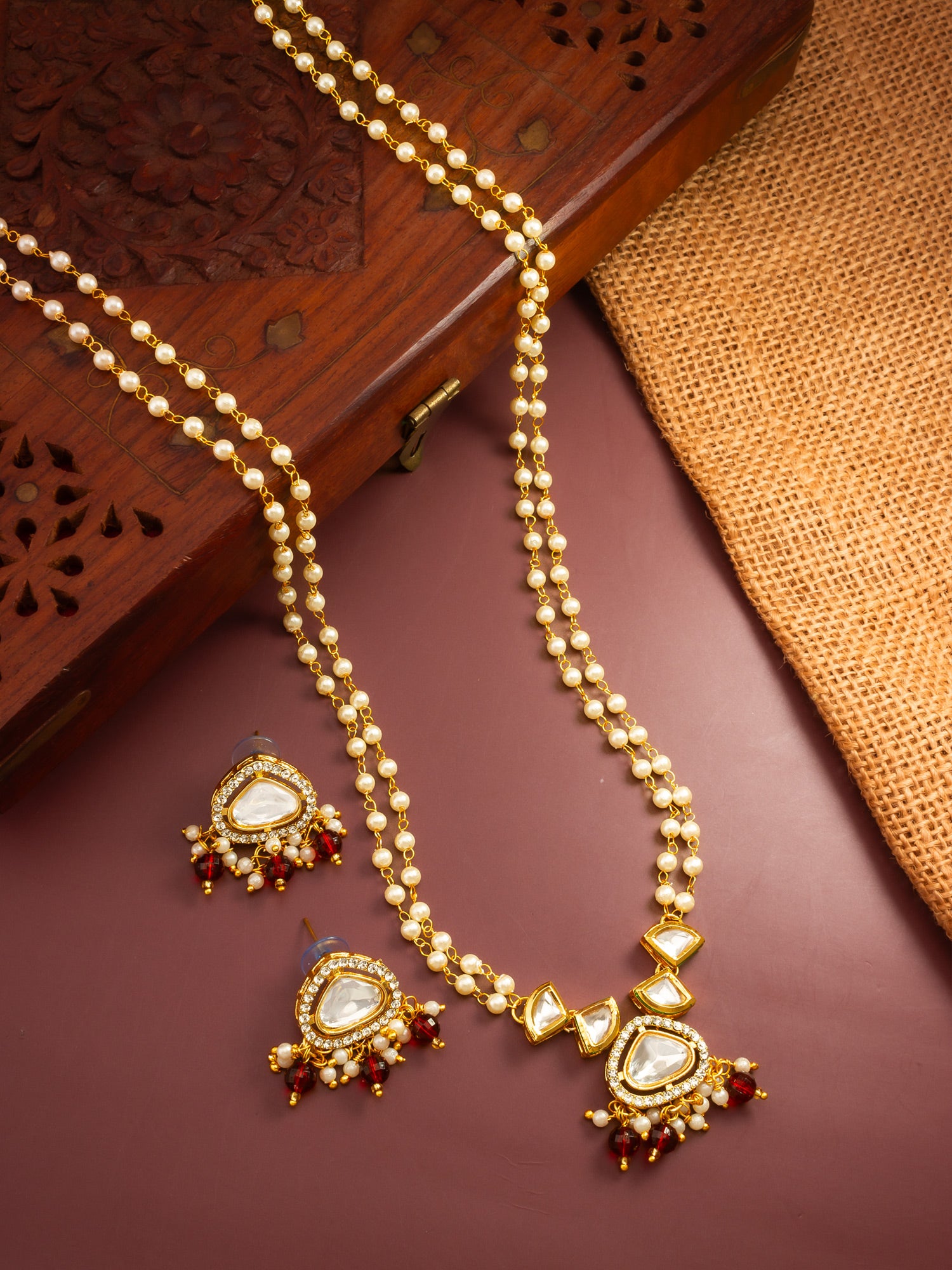 Gold Plated Kundan and Pearl Long Necklace Set with Red Accents – View 5 | Aadita Jewelry