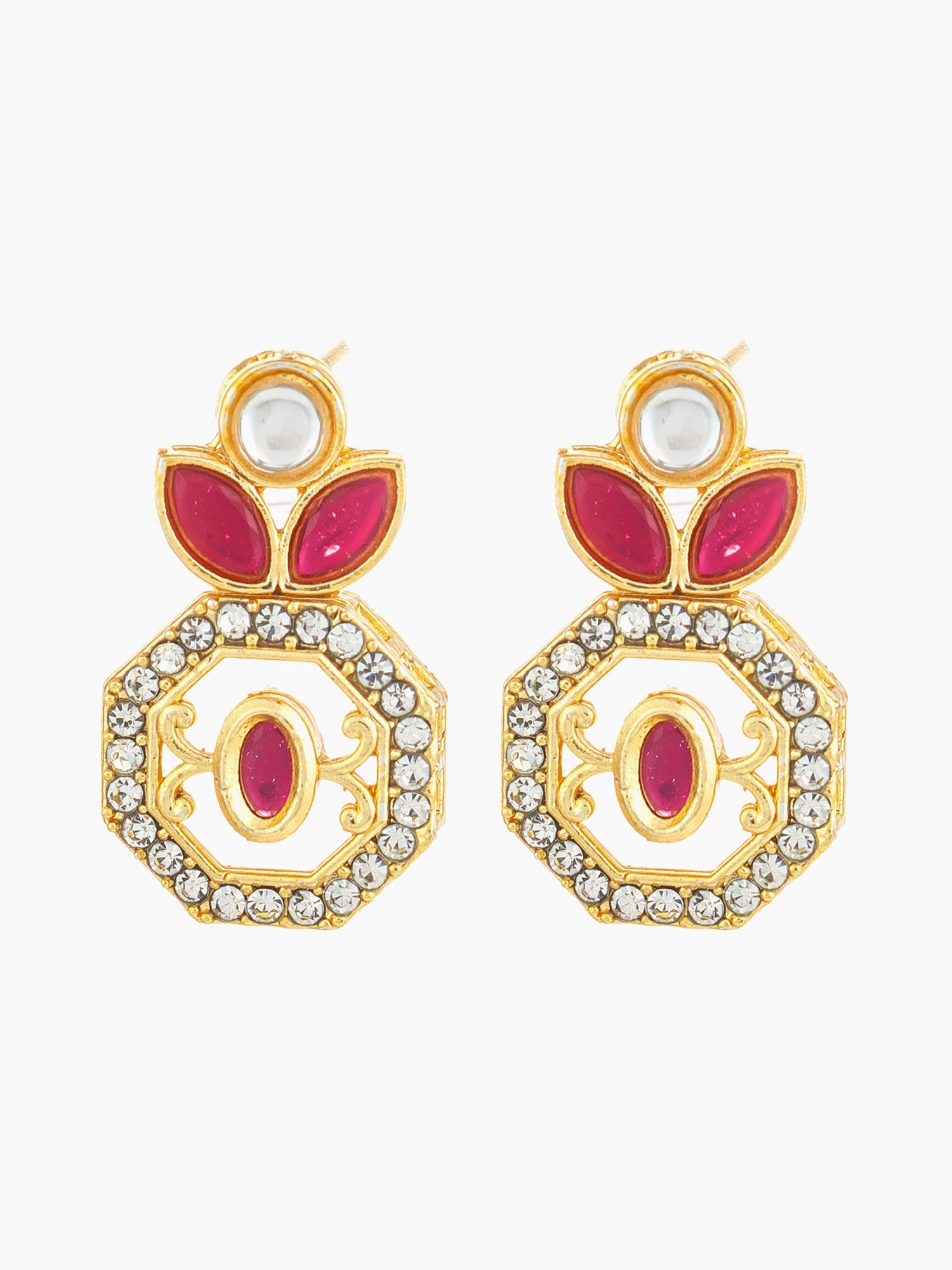 Gold Plated Geometric Octagon Red Stone Earrings | Aadita Jewelry