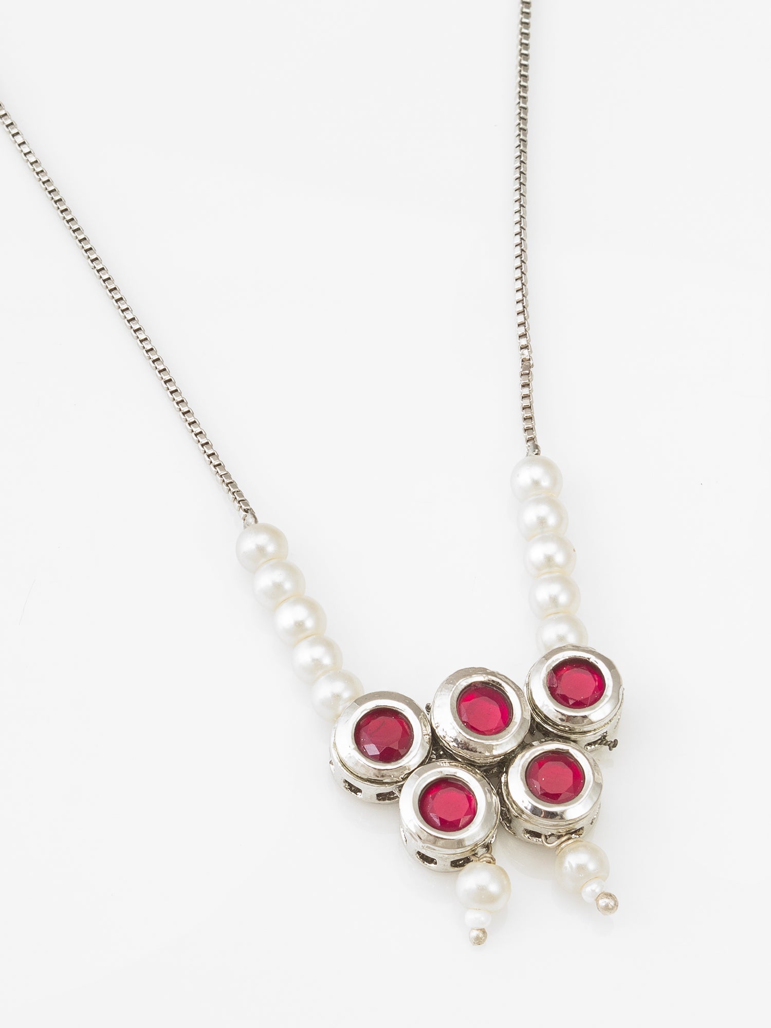 Red Stone Cluster Pendant Necklace with Pearl Chain – View 2 | Aadita Jewelry