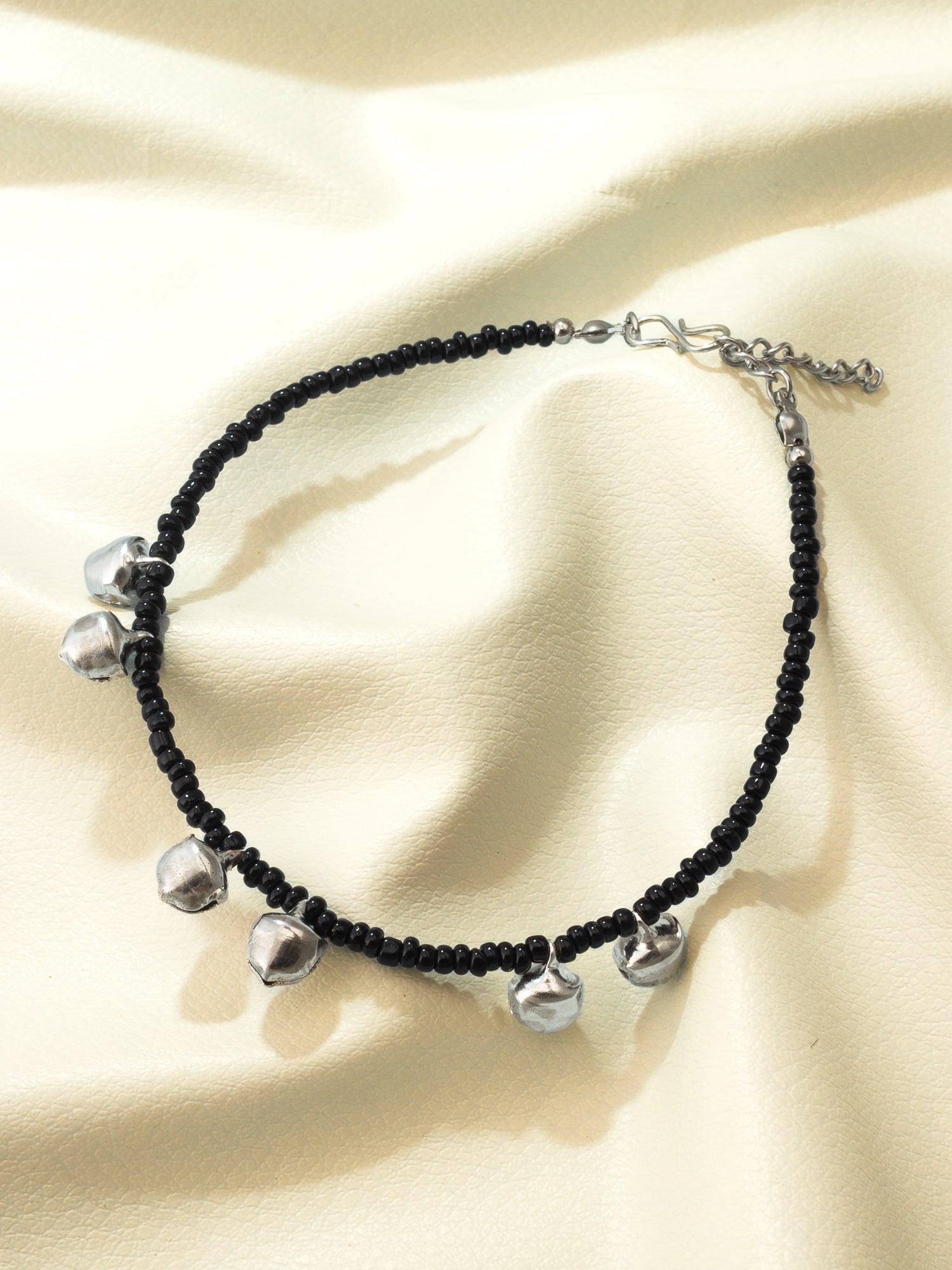 Black Seed Bead Anklet with Silver-Tone Ghungroo Bell Charms – View 4 | Aadita Jewelry