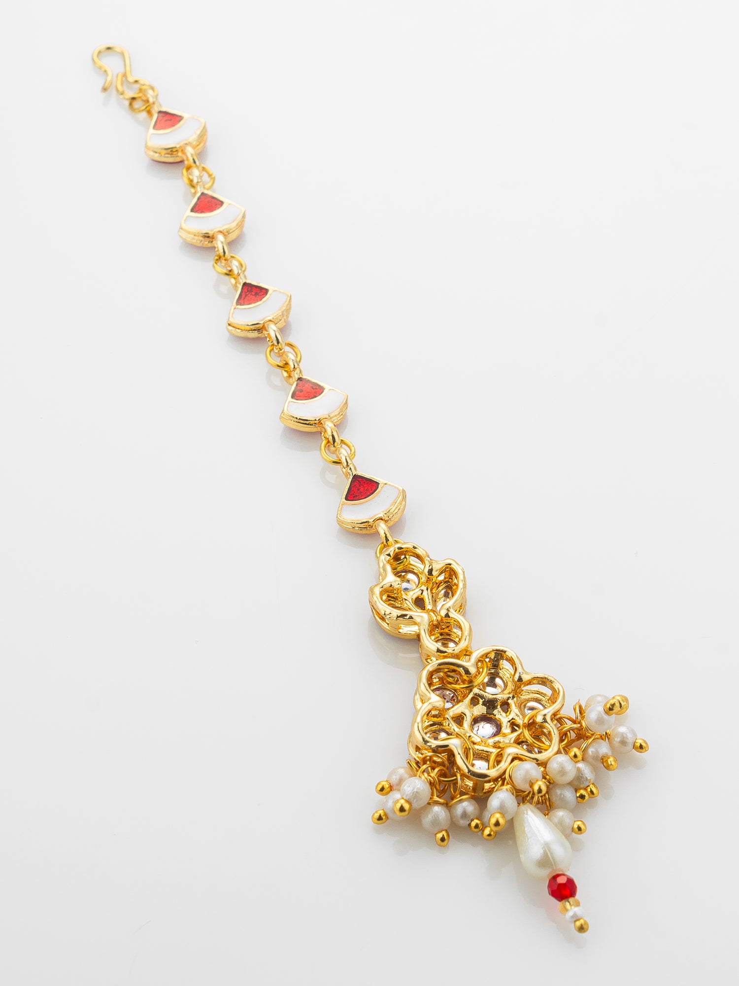 Aadita Gold Plated Ruby Square Chain Mangtika with Floral Cluster Pendant and Pearl Drop Fringe – View 4 | Aadita Jewelry