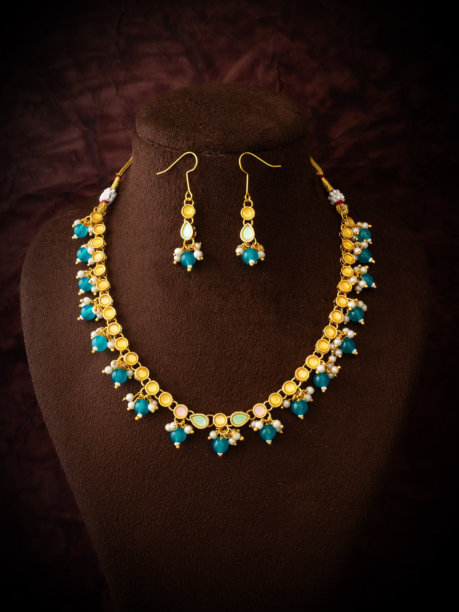 Gold Plated Green Beaded Kundan Necklace Set for Women and Girls – View 4 | Aadita Jewelry