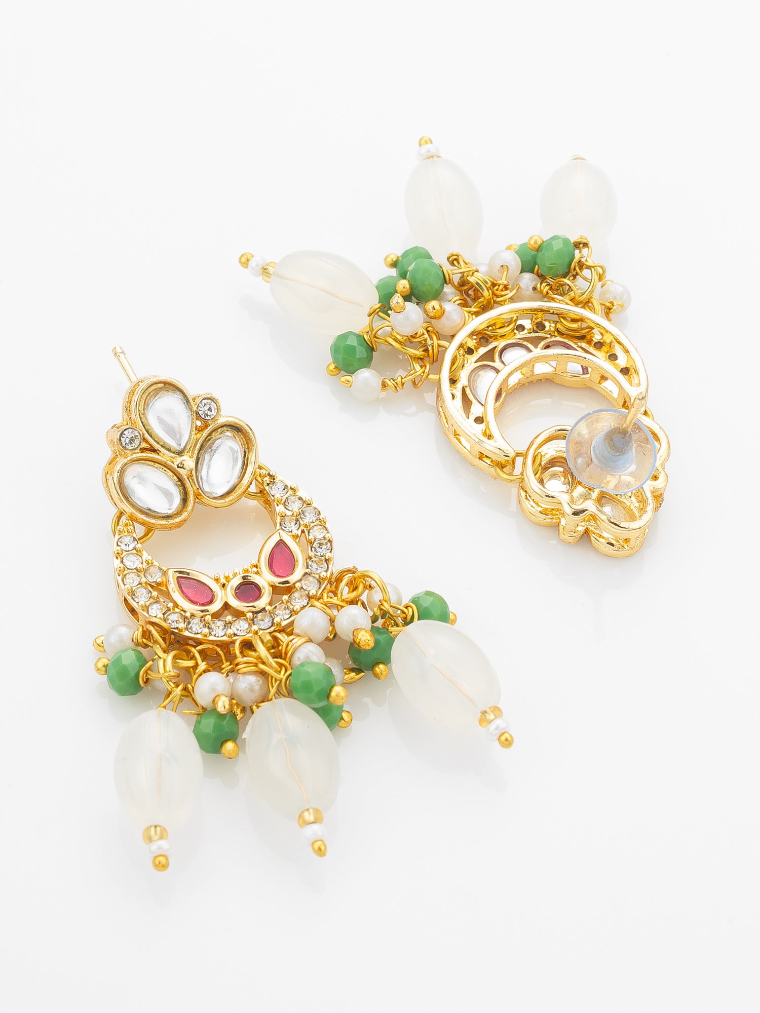 Aadita Gold Plated Kundan Necklace Set with Green Beads and White Drop with Chandbali Earrings – View 3 | Aadita Jewelry