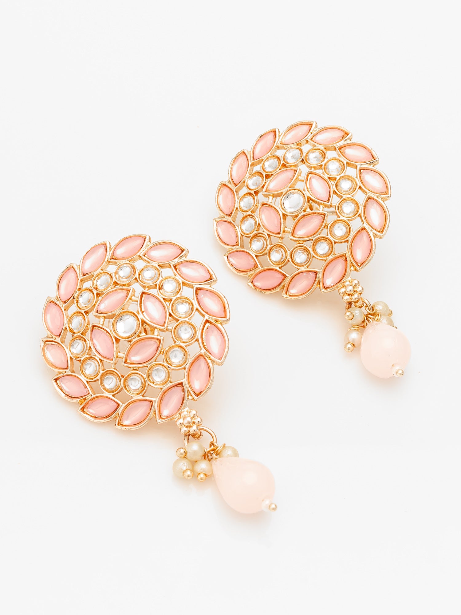 Aadita Gold Plated Pink Stone Stud Drop Earrings with Bead Accent – View 2 | Aadita Jewelry