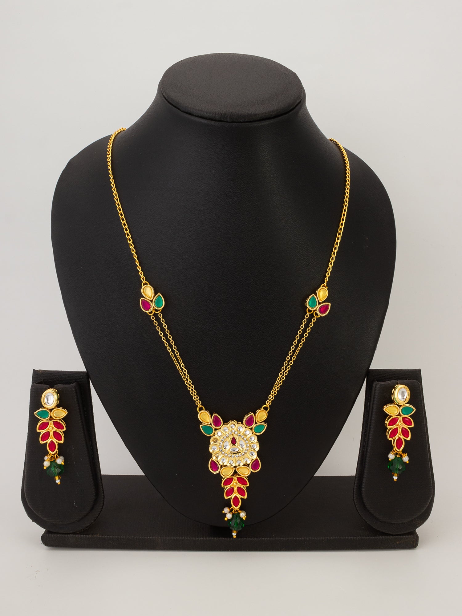 Leaf Pattern Kundan Necklace Set with Green Bead Drops – View 4 | Aadita Jewelry