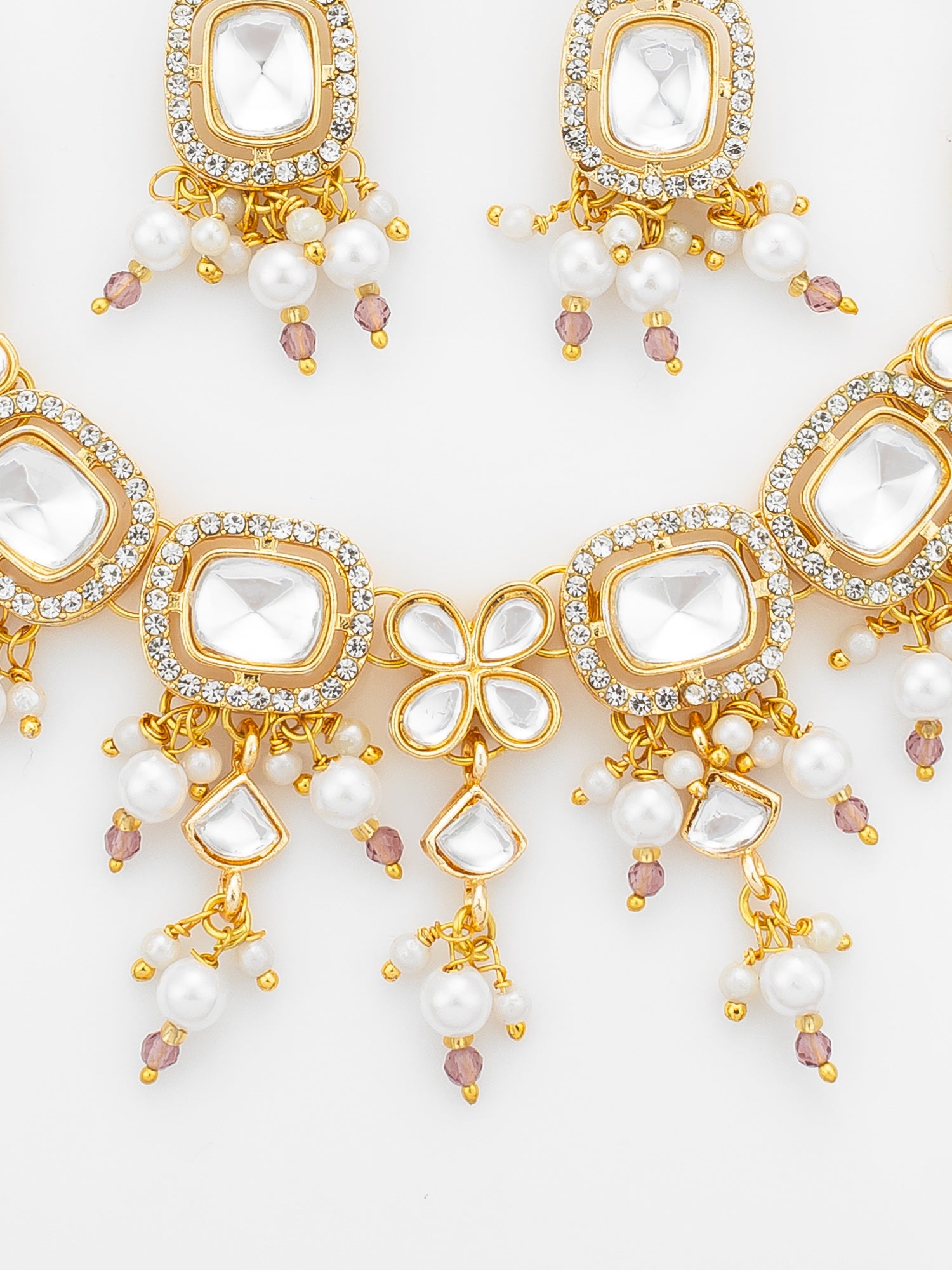 Aadita Gold-Plated Kundan Choker Necklace Set with Crystal Stones and Pearl Drops and Earrings – View 4 | Aadita Jewelry