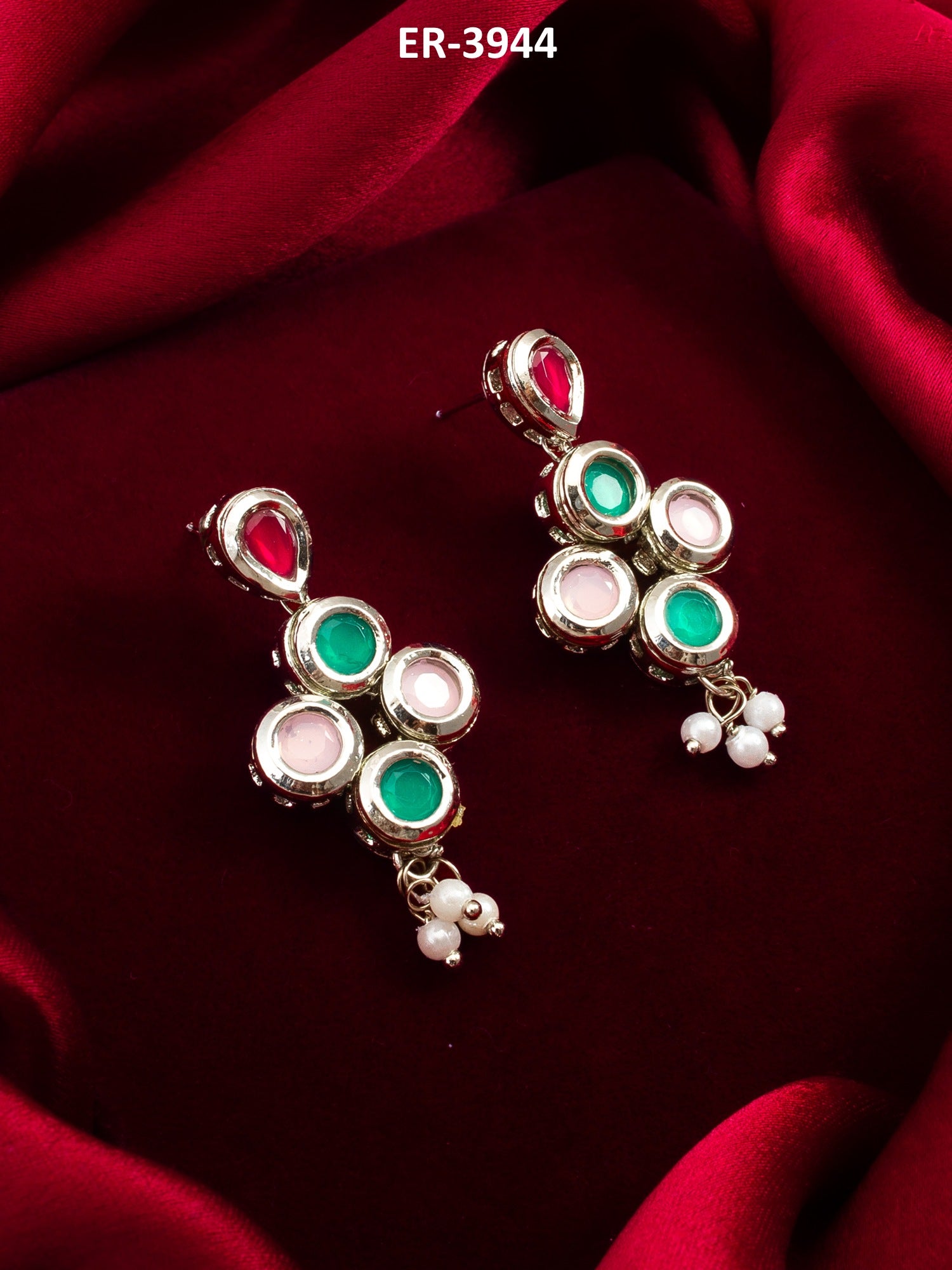 Silver Plated Multi-Color Drop Earrings with Pearl – View 5 | Aadita Jewelry