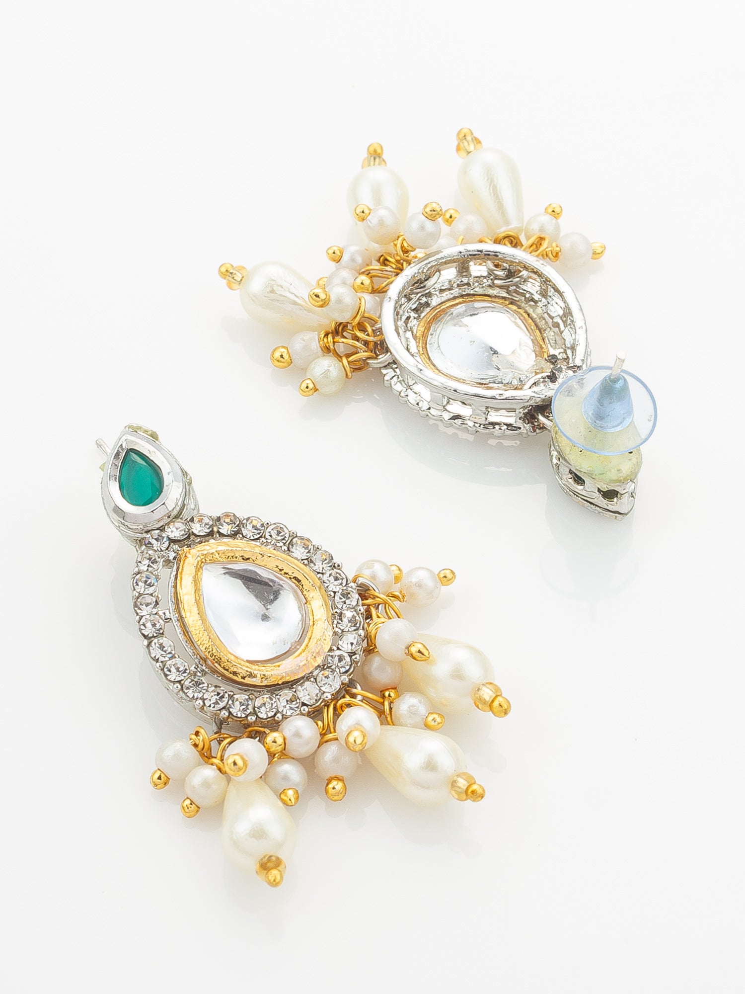 Aadita Silver-Plated Kundan Necklace Set with Green Stones and Pearl Drops – View 3 | Aadita Jewelry