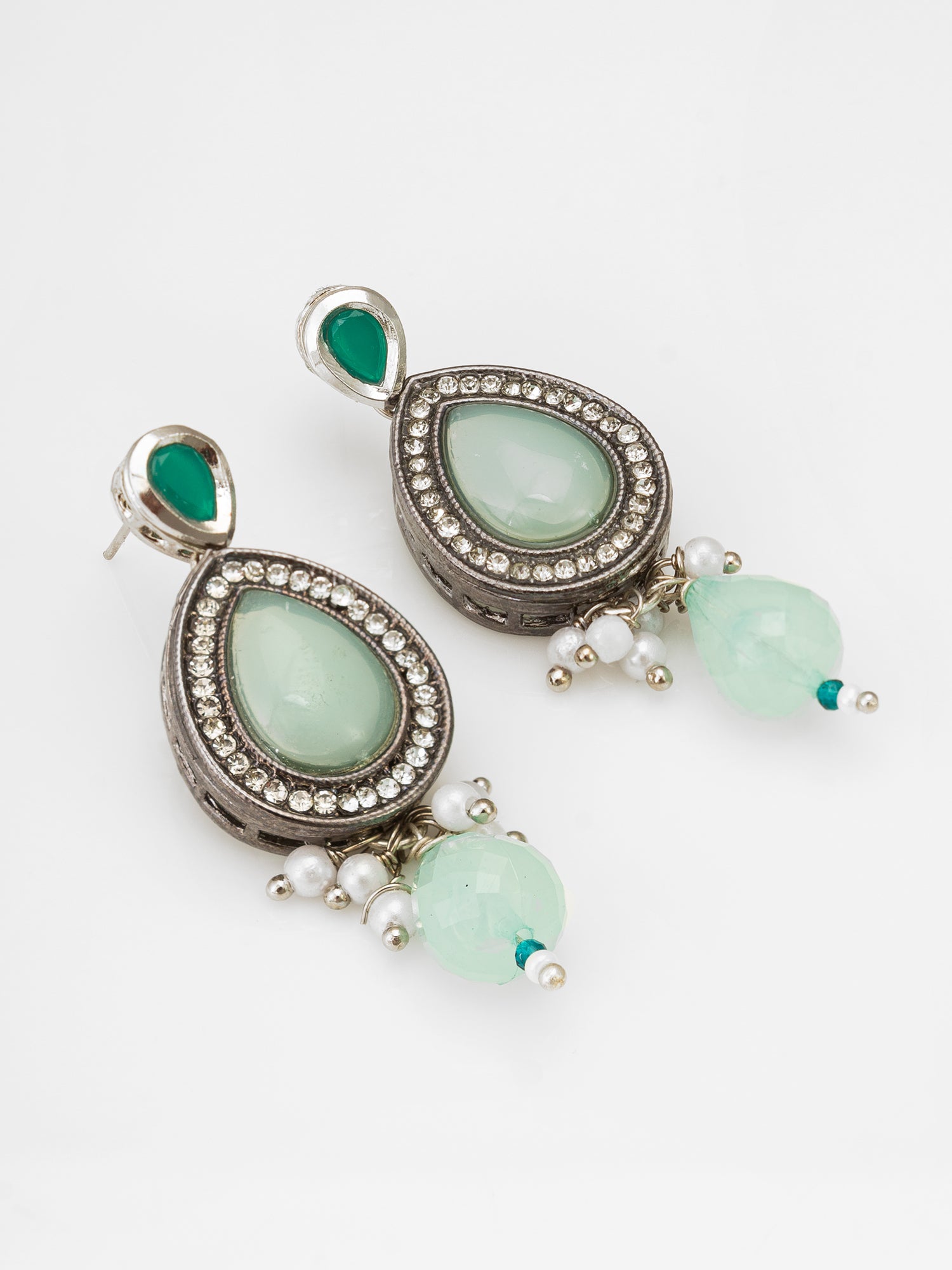 Silver Finished Mint Green Stone and Pearl Drop Earrings | Aadita Jewelry