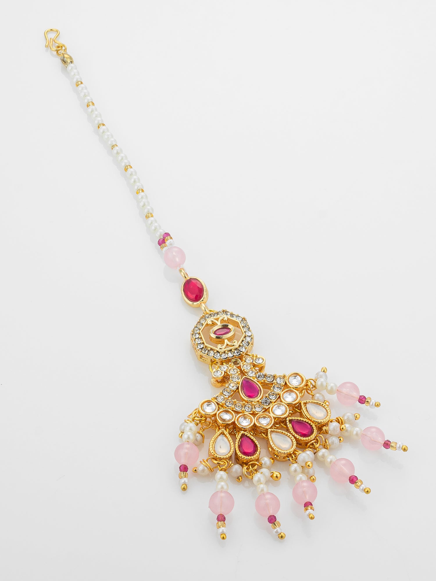 Aadita Gold Plated Kundan Mangtika with Pink Bead Chain and Rose Quartz-Toned Drops – View 2 | Aadita Jewelry