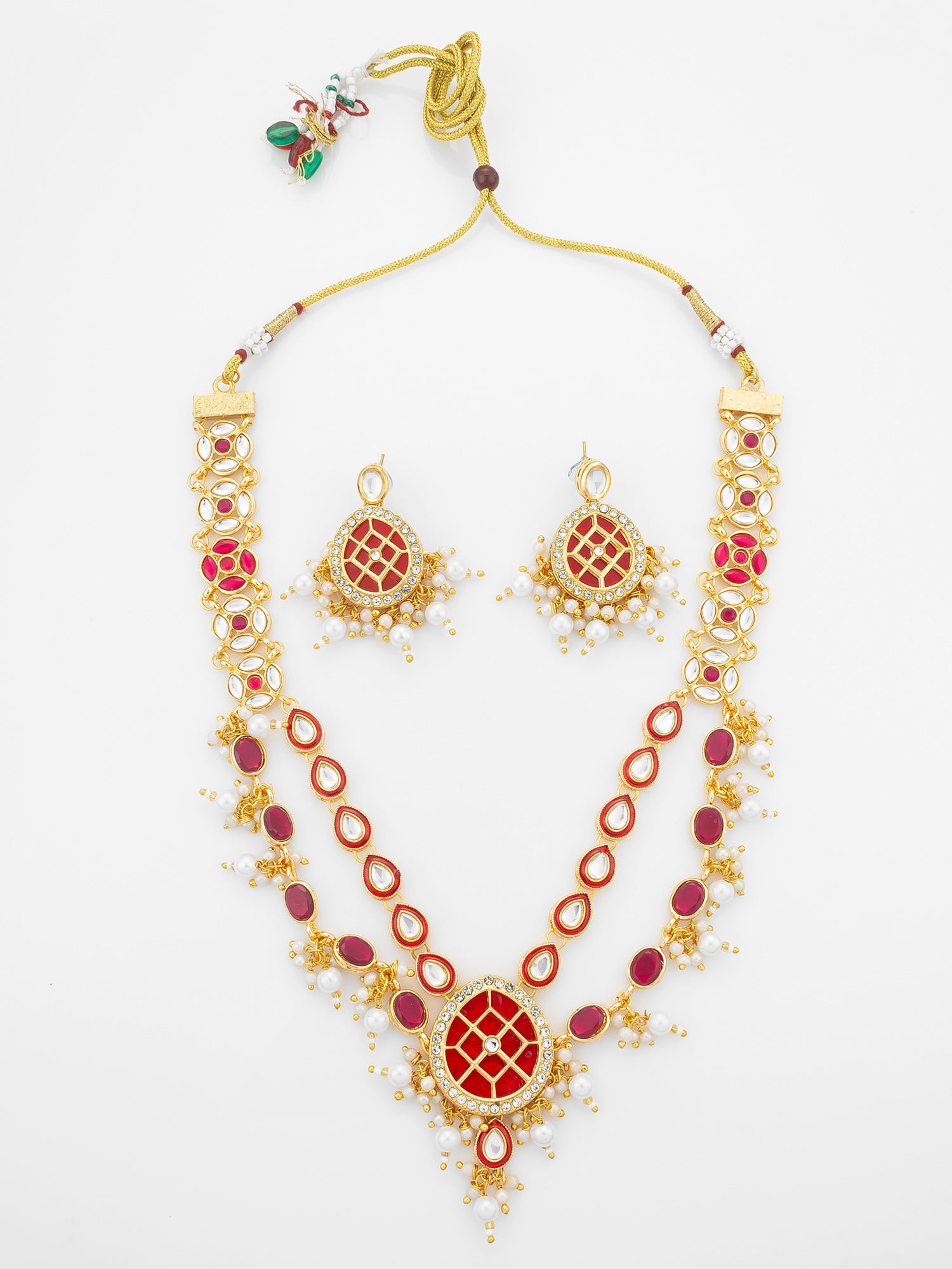 Aadita Gold-Plated Double-Layer Kundan Necklace Set with Red Stones and Pearl Drops end Earrings | Aadita Jewelry