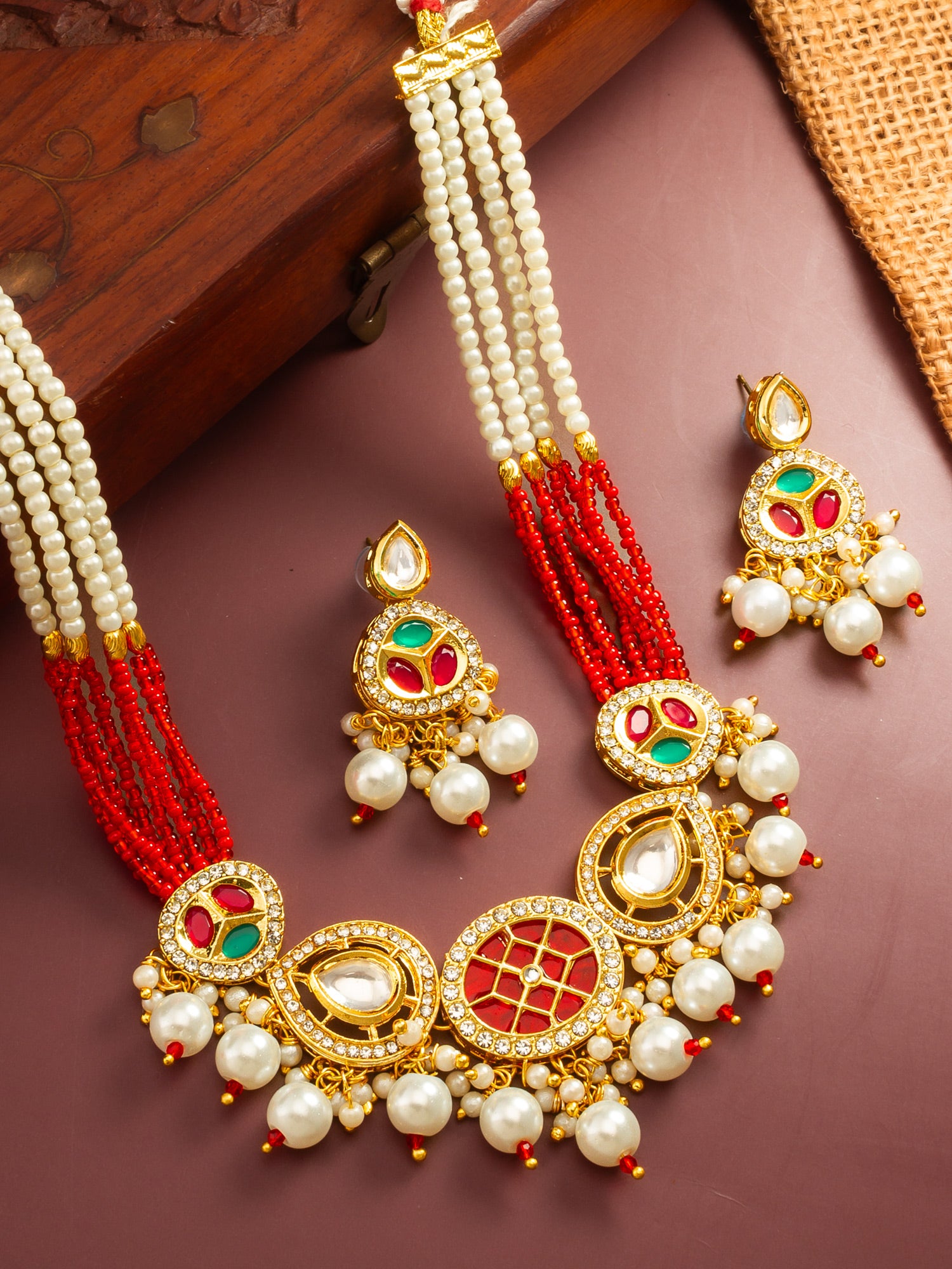 Gold Plated Red and Green Kundan Pearl Choker Set – View 5 | Aadita Jewelry