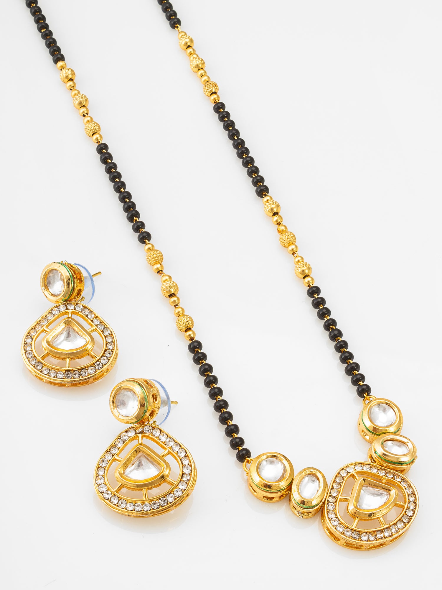 Kundan Mangalsutra Set with Black Beads Chain and Crystal Studded Earrings – View 2 | Aadita Jewelry