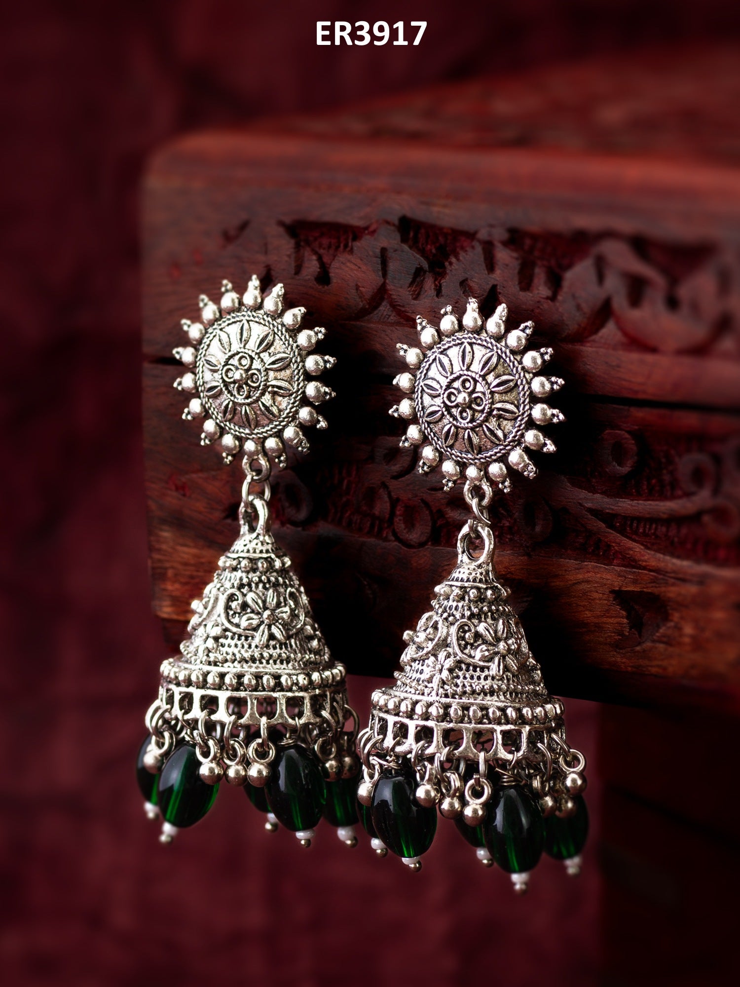 Oxidized Silver Jhumka Earrings with Beads – View 5 | Aadita Jewelry
