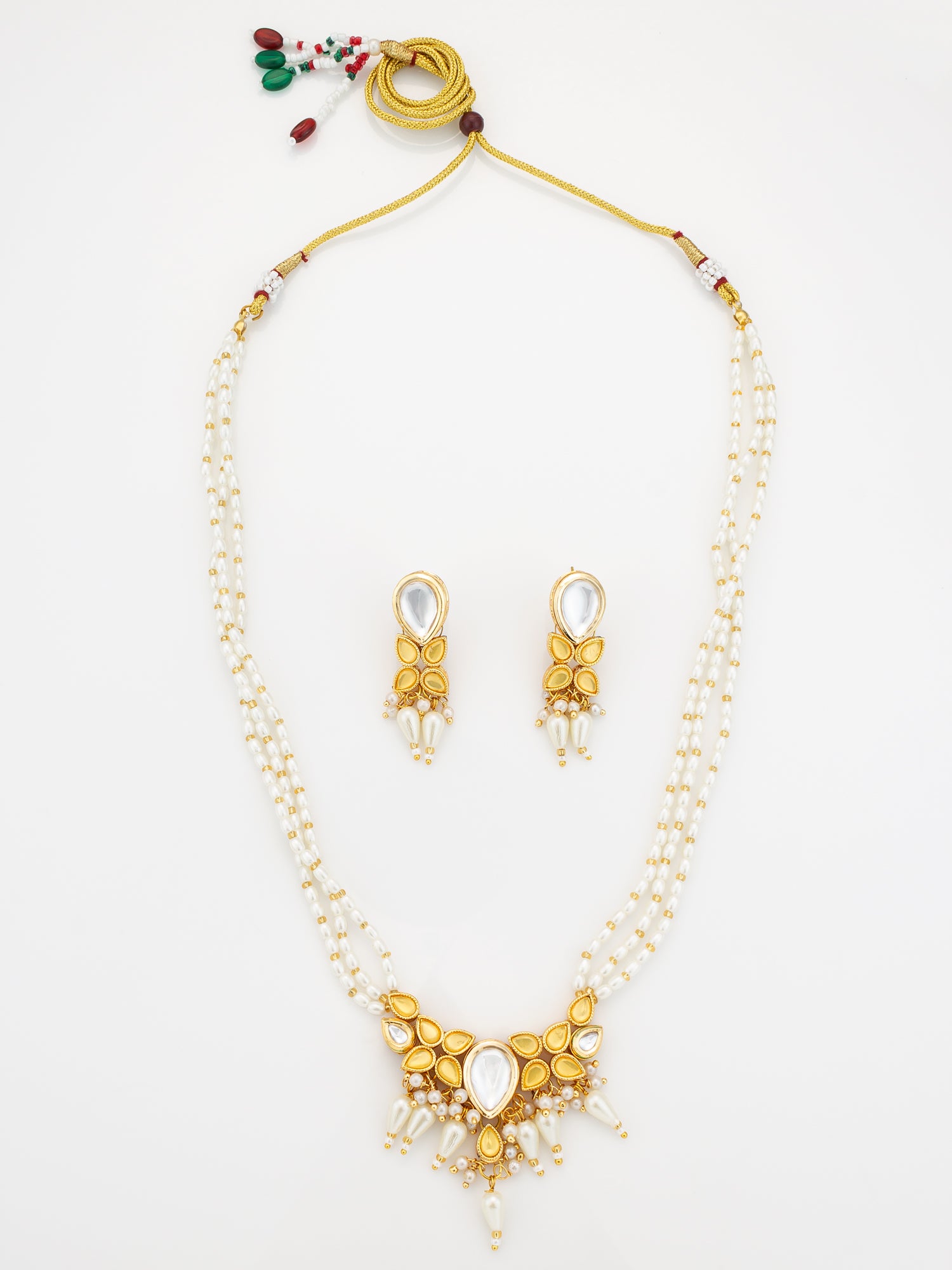 Gold Plated Kundan & Pearl Layered White Necklace Set with Earrings | Aadita Jewelry