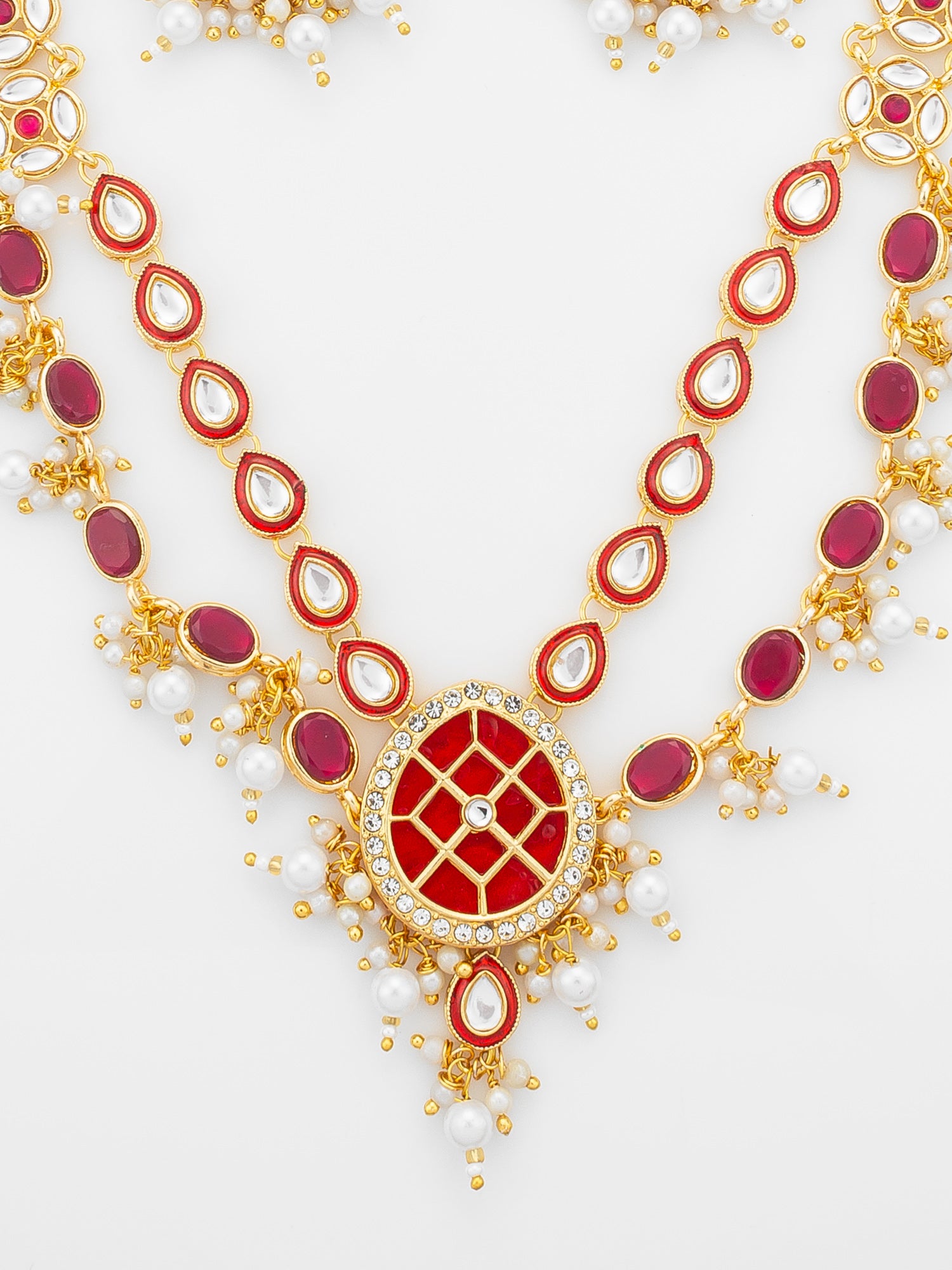 Aadita Gold-Plated Double-Layer Kundan Necklace Set with Red Stones and Pearl Drops end Earrings – View 4 | Aadita Jewelry