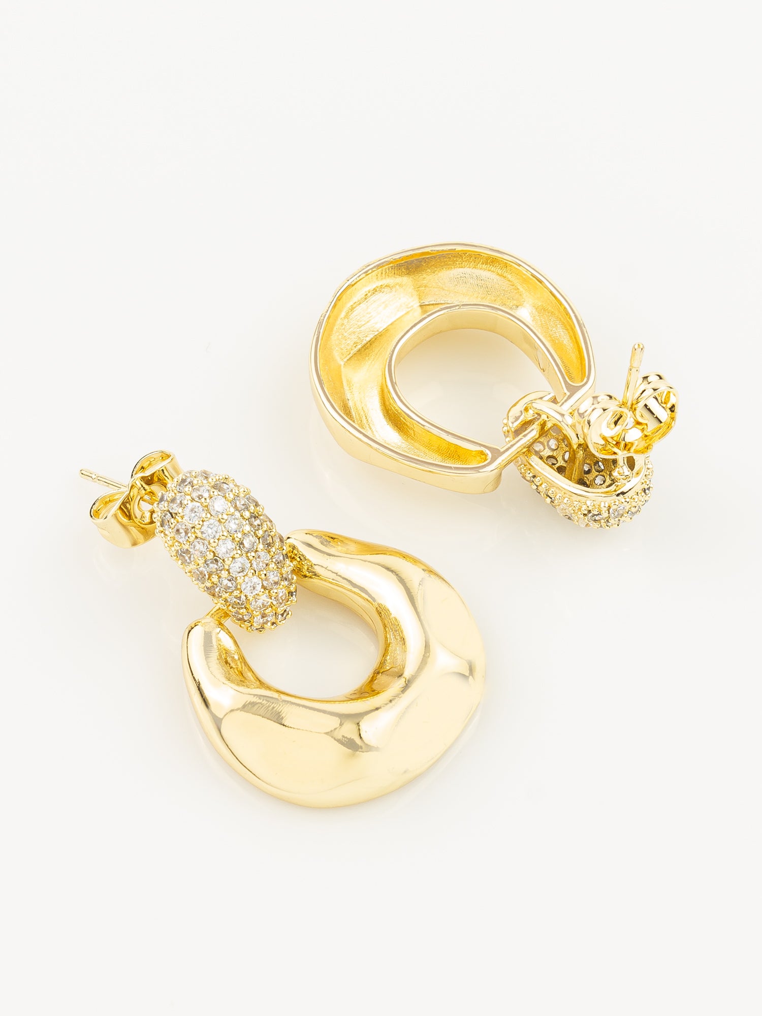 Gold Plated Glossy Dome Hoop Earrings with American Diamond Studded Top – View 3 | Aadita Jewelry