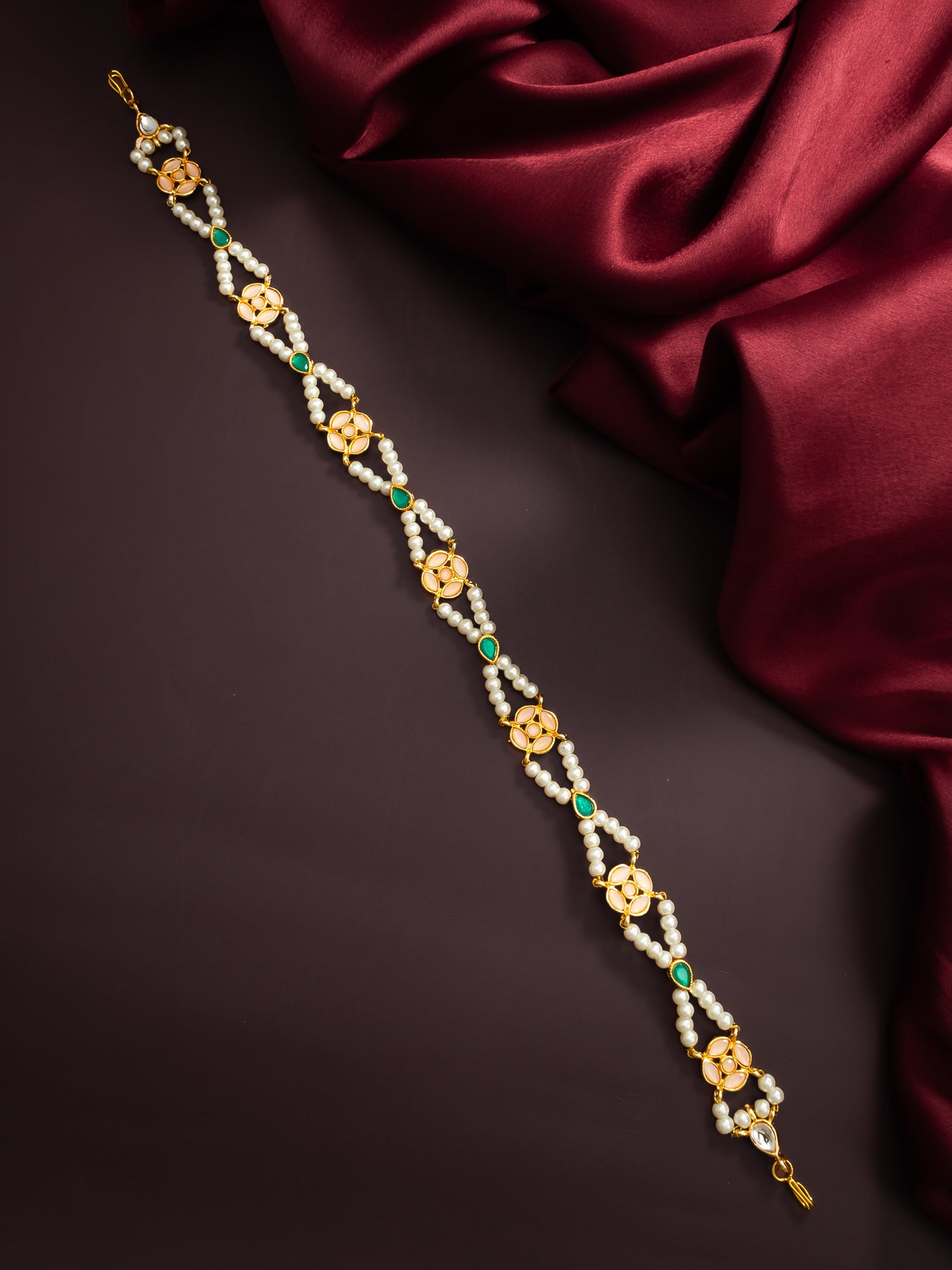 Gold Plated Green & Peach Pearls Kundan Matha Patti – View 5 | Aadita Jewelry