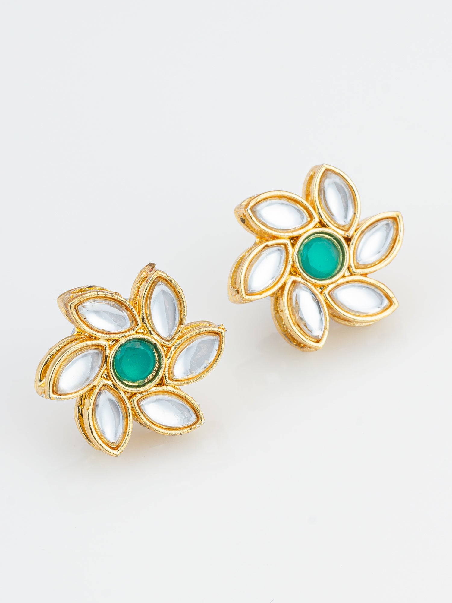 Traditional Gold Plated White and Green Kundan Floral Studs – View 2 | Aadita Jewelry