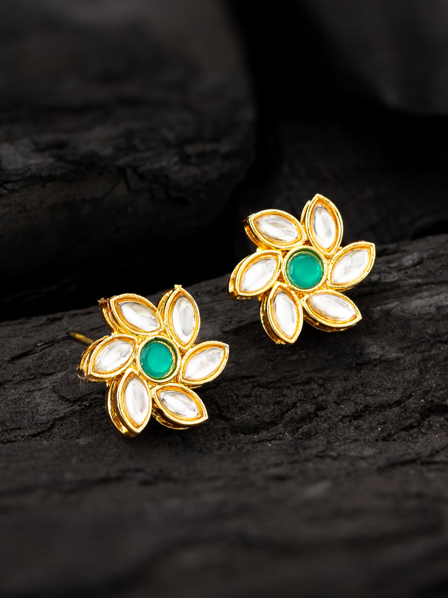 Traditional Gold Plated White and Green Kundan Floral Studs – View 5 | Aadita Jewelry