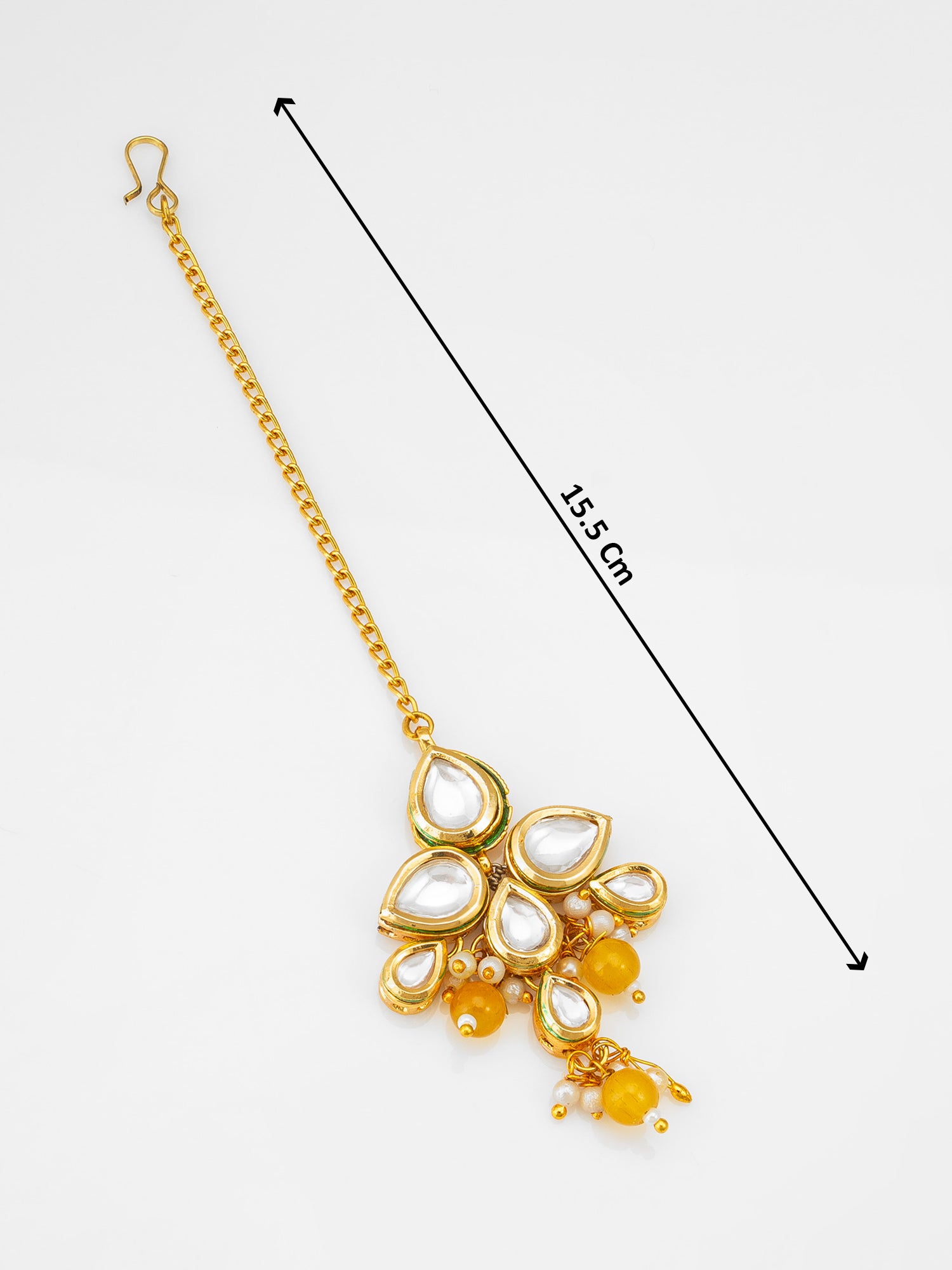 Fashion Yellow Bead Kundan Maang Tikka with Golden Chain – View 4 | Aadita Jewelry