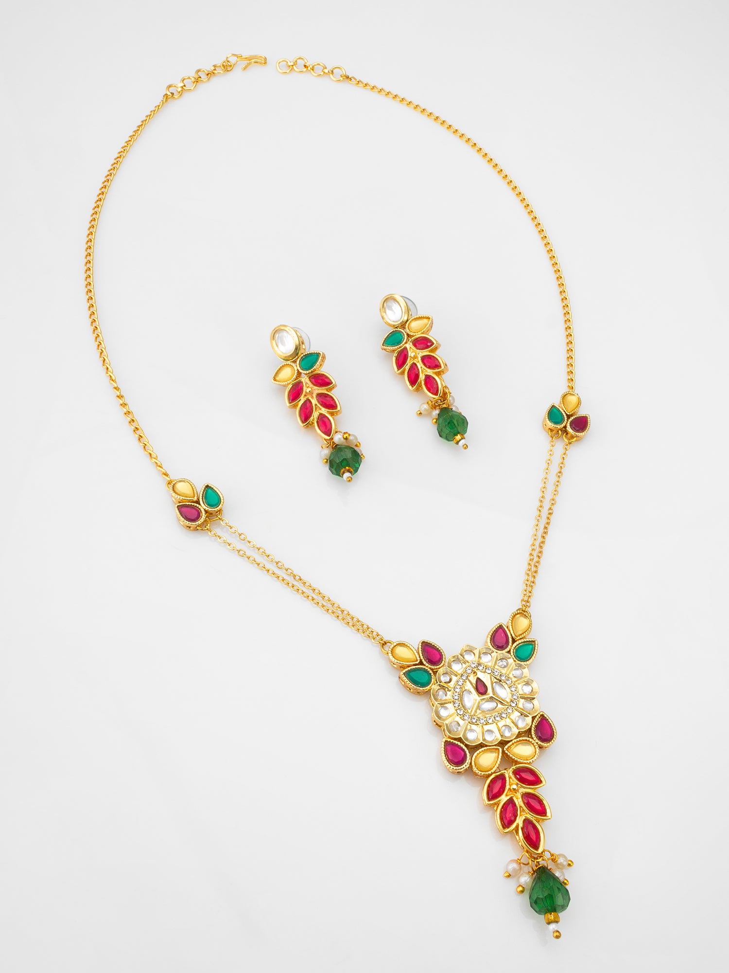 Leaf Pattern Kundan Necklace Set with Green Bead Drops | Aadita Jewelry