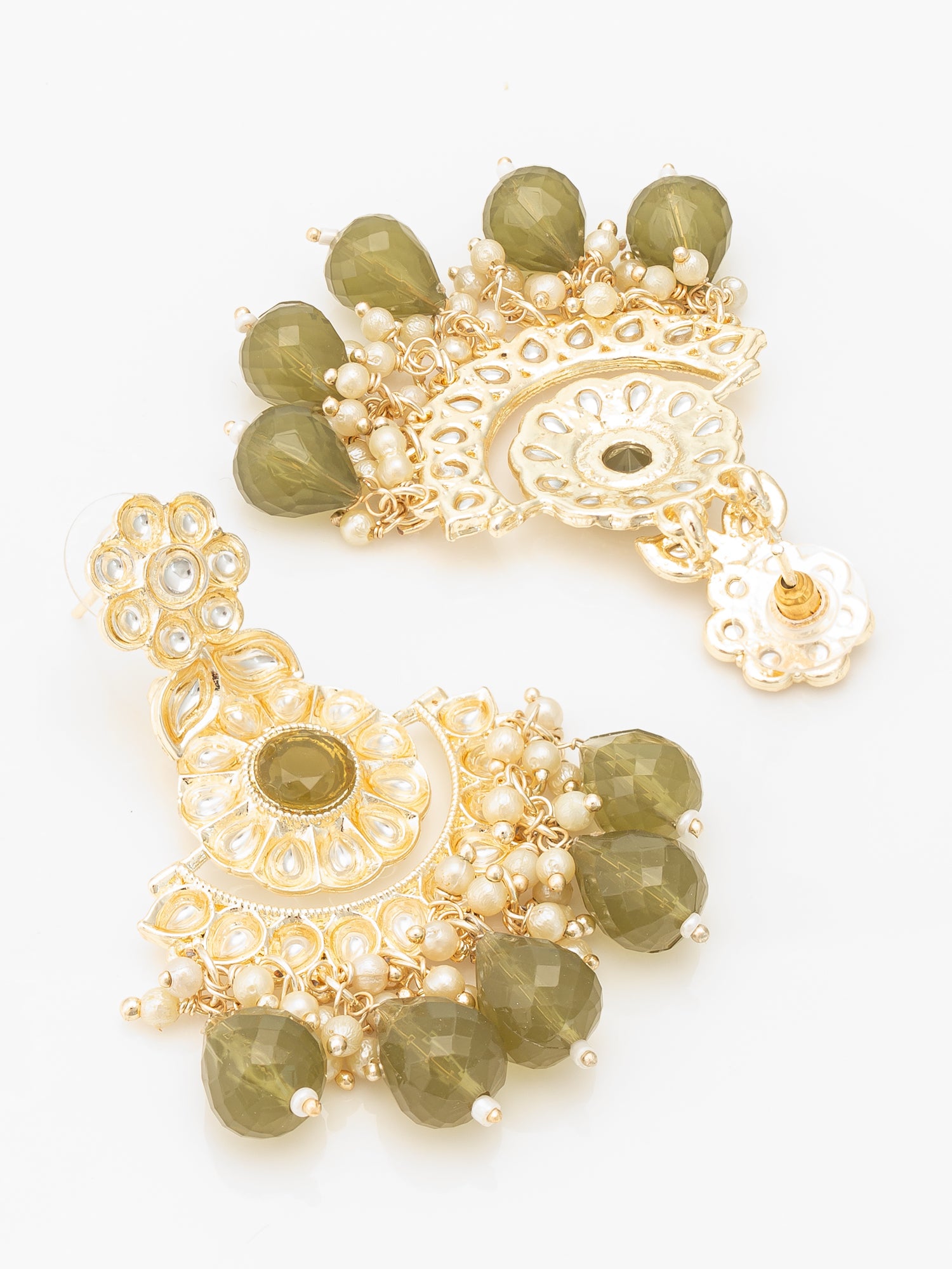 Aadita Olive Green Kundan Chandelier Earrings with Faceted Drops – View 3 | Aadita Jewelry