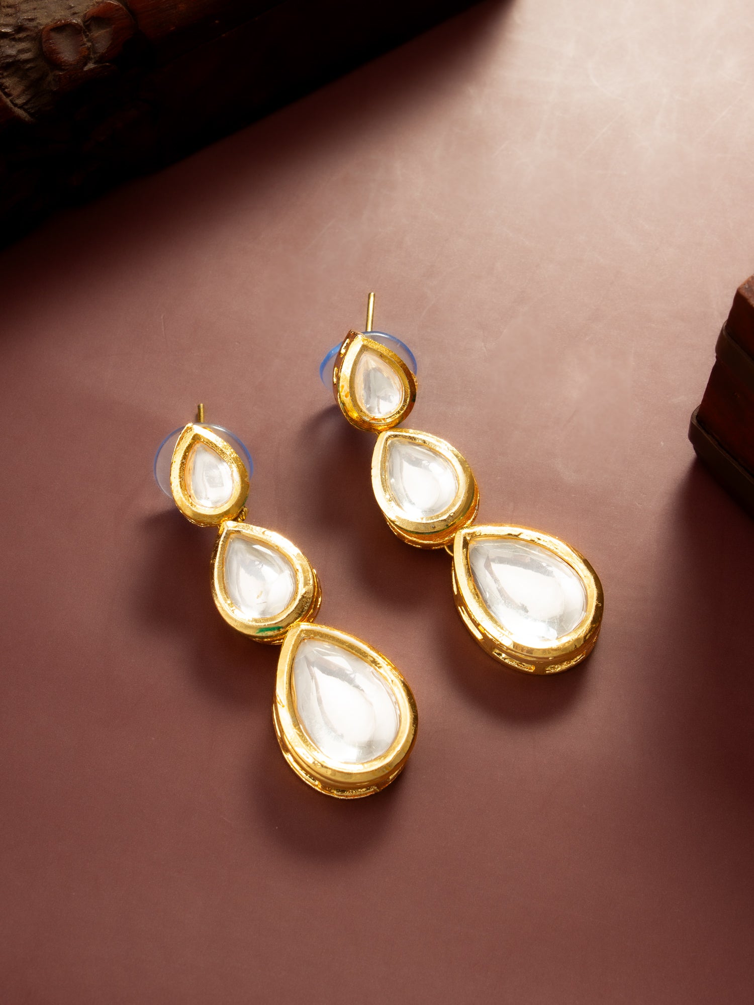 Aadita Gold Plated Triple Teardrop Kundan Earrings – View 5 | Aadita Jewelry