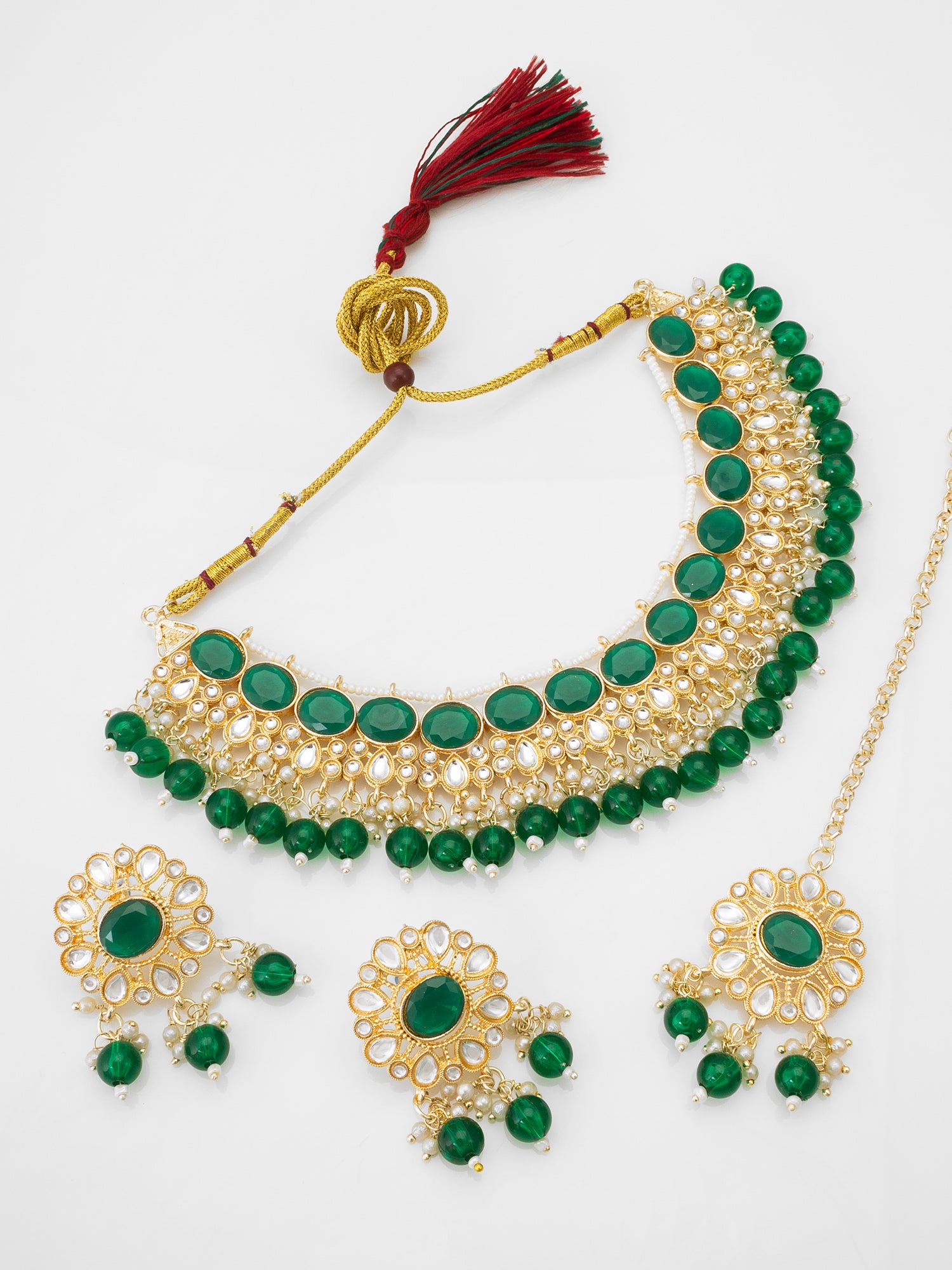 Green Kundan Choker Necklace Set with Beaded Drops Earrings | Aadita Jewelry