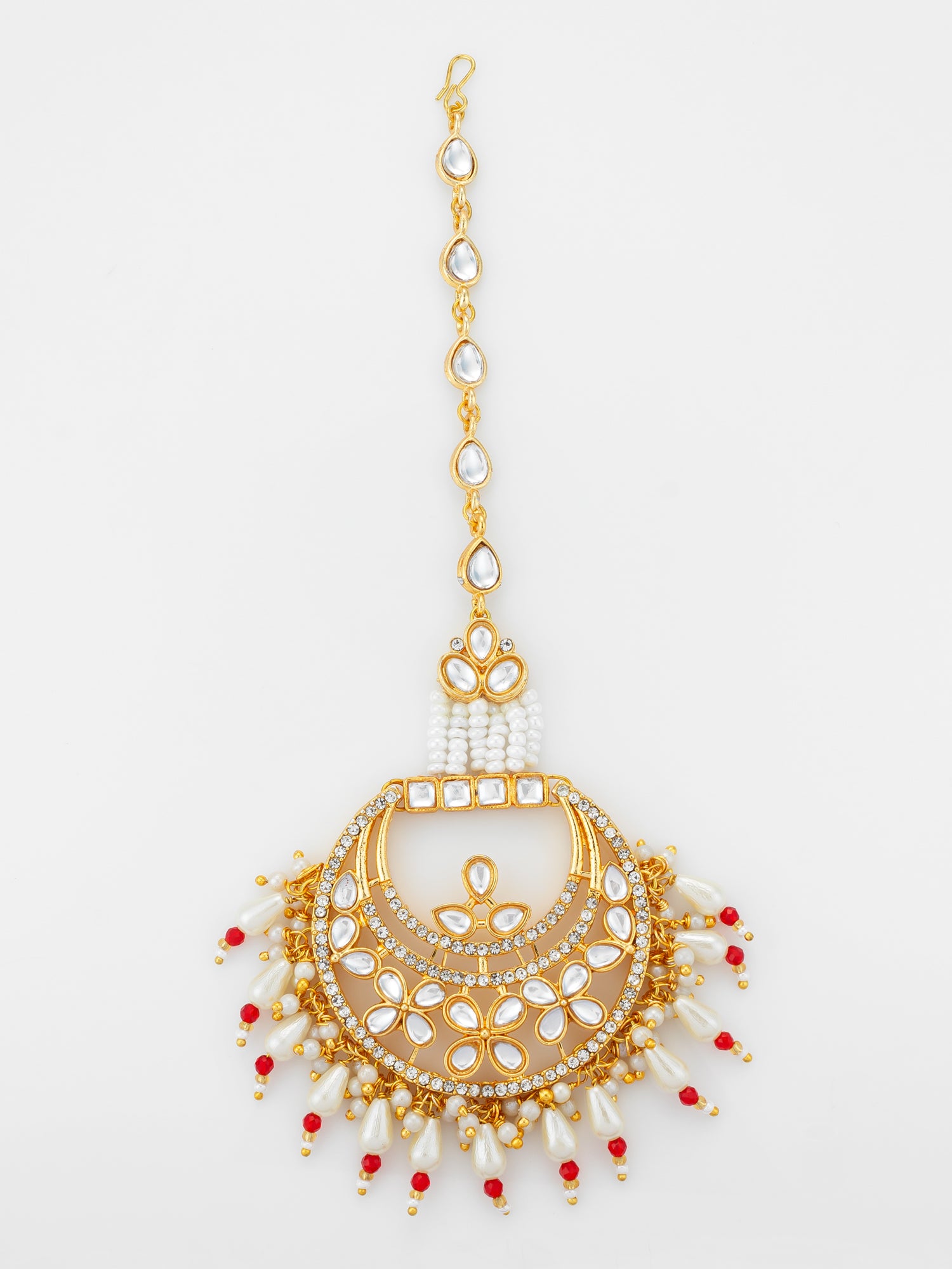 Aadita Gold Plated Kundan Chandbali Maang Tikka with Pearl and Red Crystal Drops | Aadita Jewelry