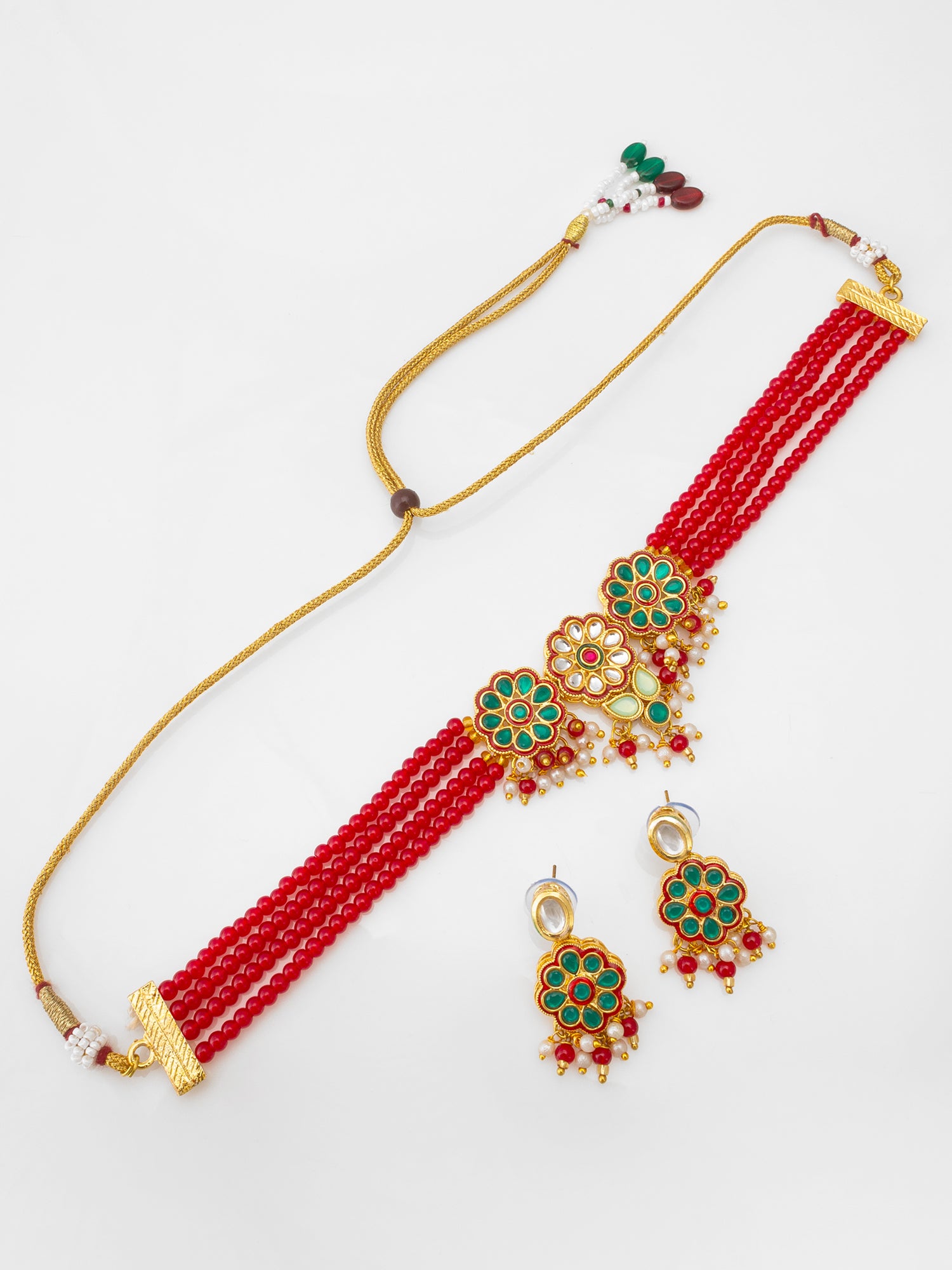 Ruby Red Bead Choker with Floral Kundan Motif Set | Aadita Jewelry