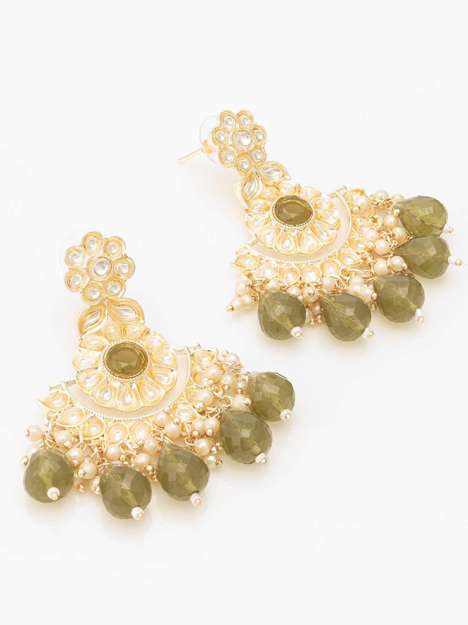 Aadita Olive Green Kundan Chandelier Earrings with Faceted Drops – View 2 | Aadita Jewelry