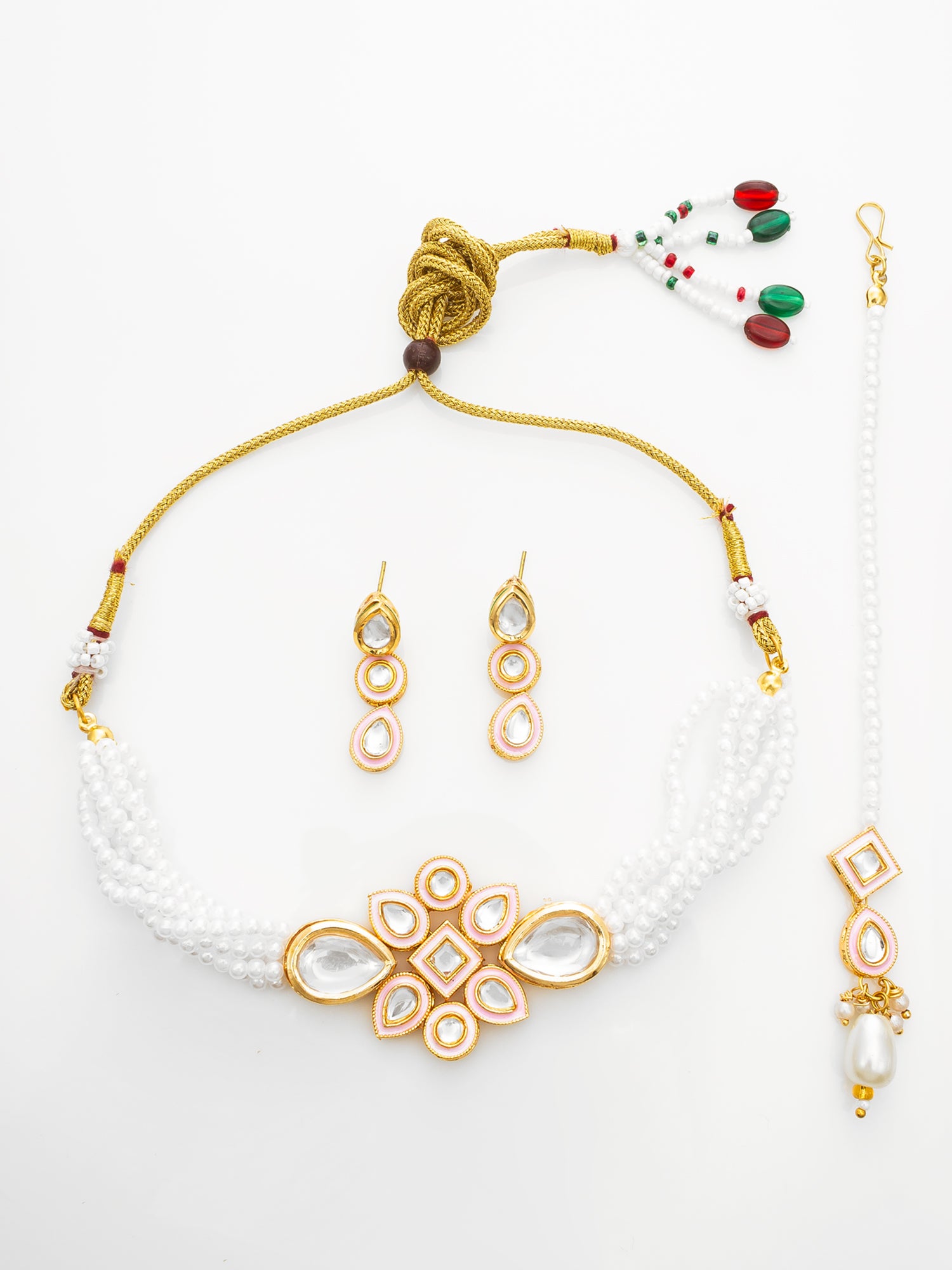 White Kundan Pearl Bridal Necklace Set with Maang Tikka | Aadita Jewelry