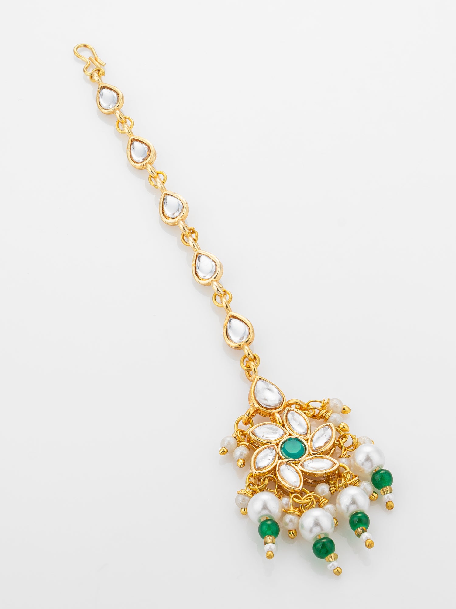 Aadita Gold Plated Teardrop Kundan Chain Mangtika with Flower Pendant and Green Pearl Drops – View 2 | Aadita Jewelry