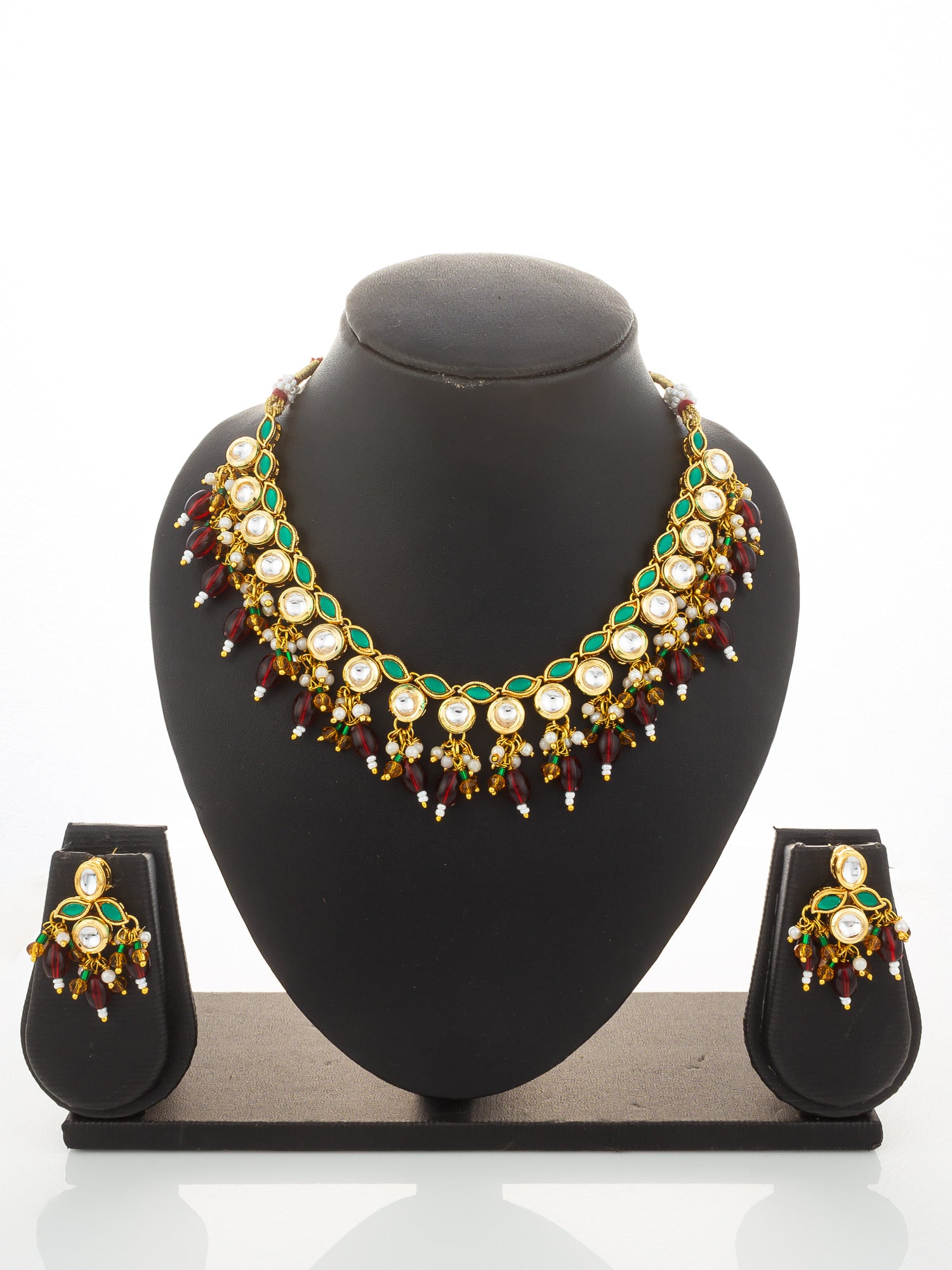Aadita Gold Plated Kundan Necklace Set with Green Meenakari, Red Beads and Crystal Accents with Earrings – View 5 | Aadita Jewelry