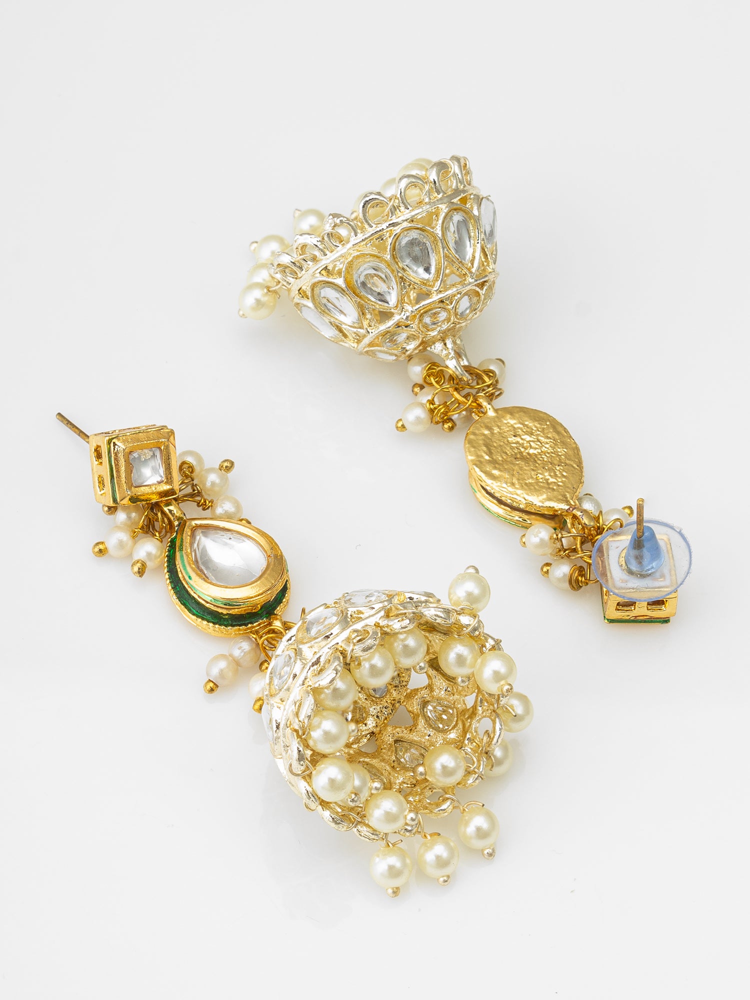 Gold Kundan Jhumka Earrings with Kundan and Pearl – View 2 | Aadita Jewelry