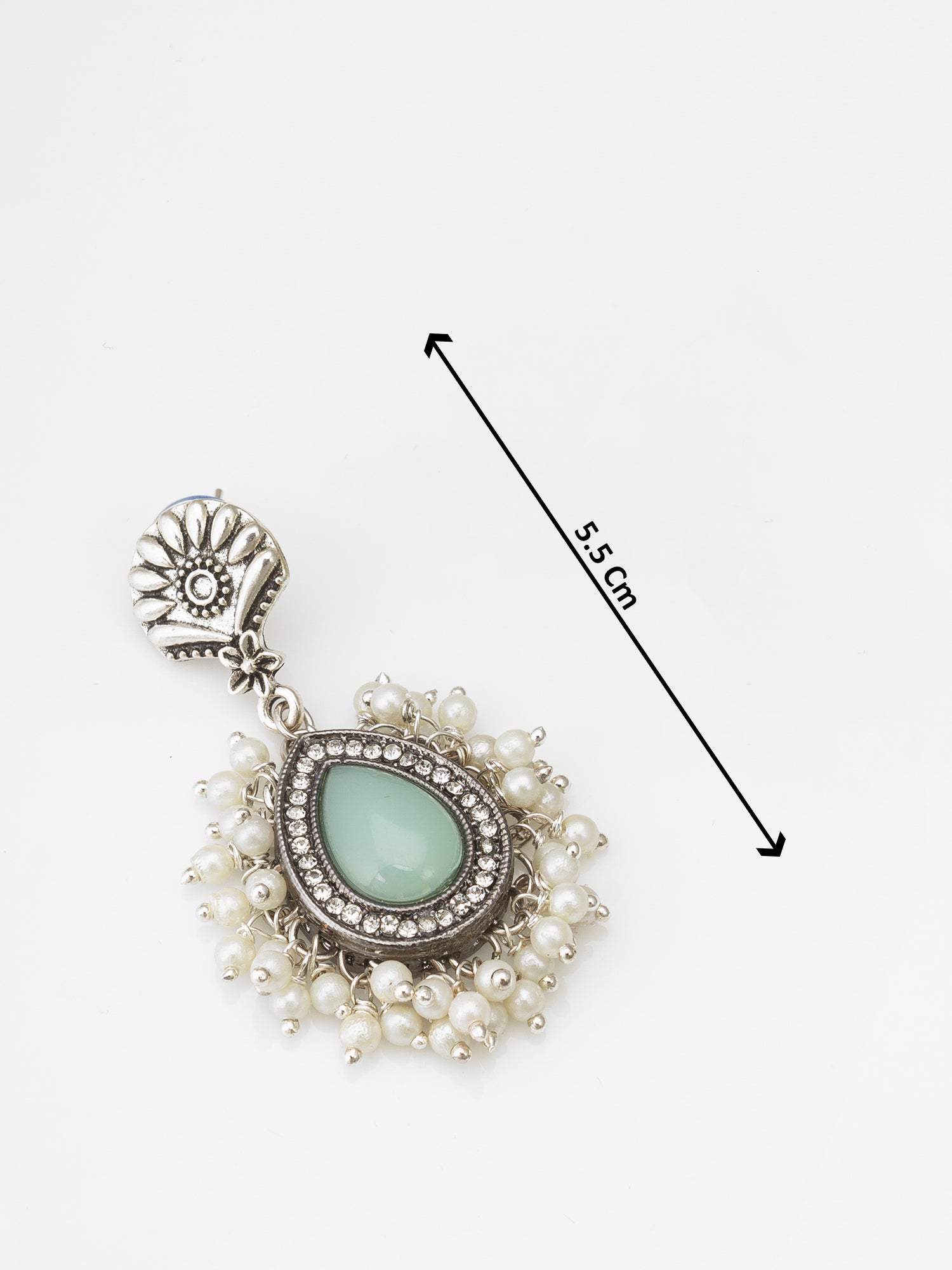 Oxidized Silver Earrings with Mint Stone and Pearl Cluster – View 3 | Aadita Jewelry