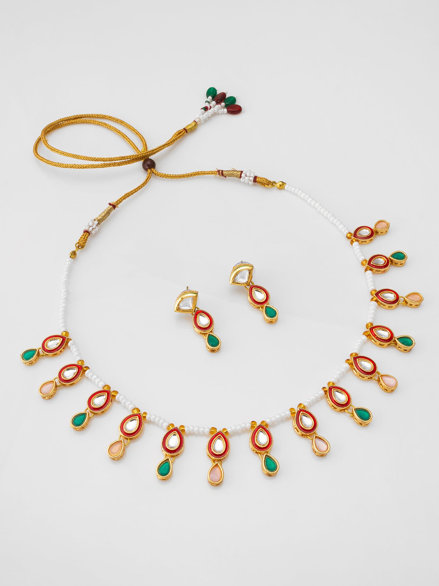 Pearl Bead Necklace set with Multi-Color Kundan Teardrop Pendants | Aadita Jewelry