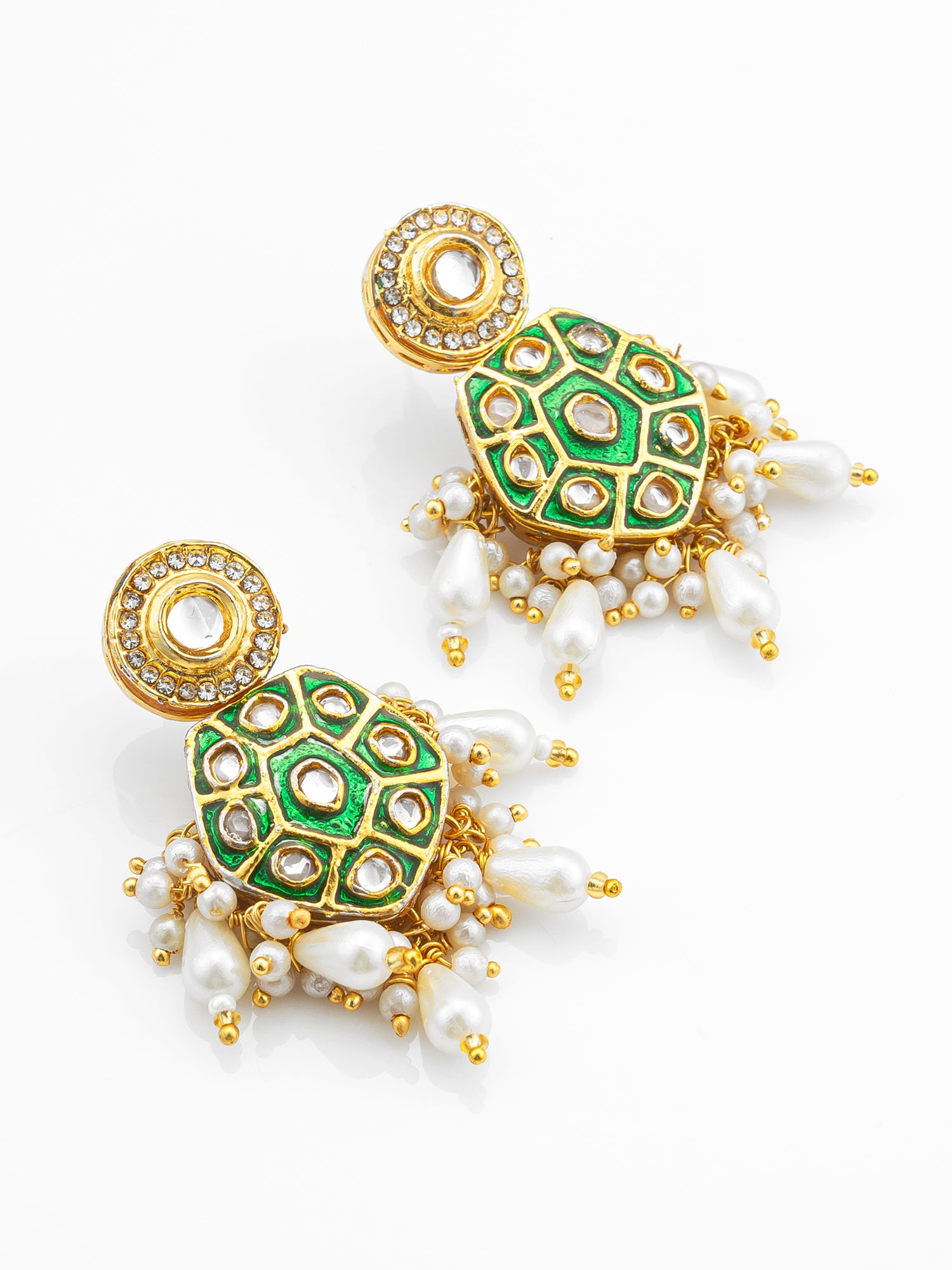 Green Meenakari Kundan Hexagonal Drop Earrings with Pearl Hangings – View 2 | Aadita Jewelry