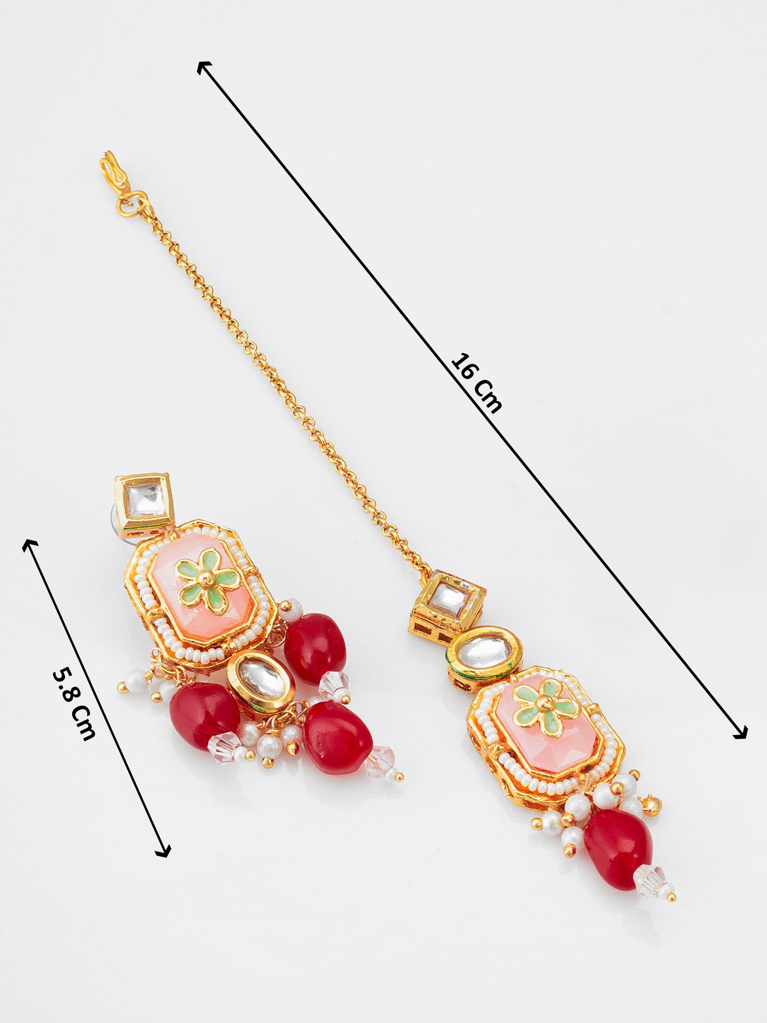 Peach Meenakari Kundan Choker Necklace Set with  Flower Motif, Beads and Maang Tikka – View 5 | Aadita Jewelry