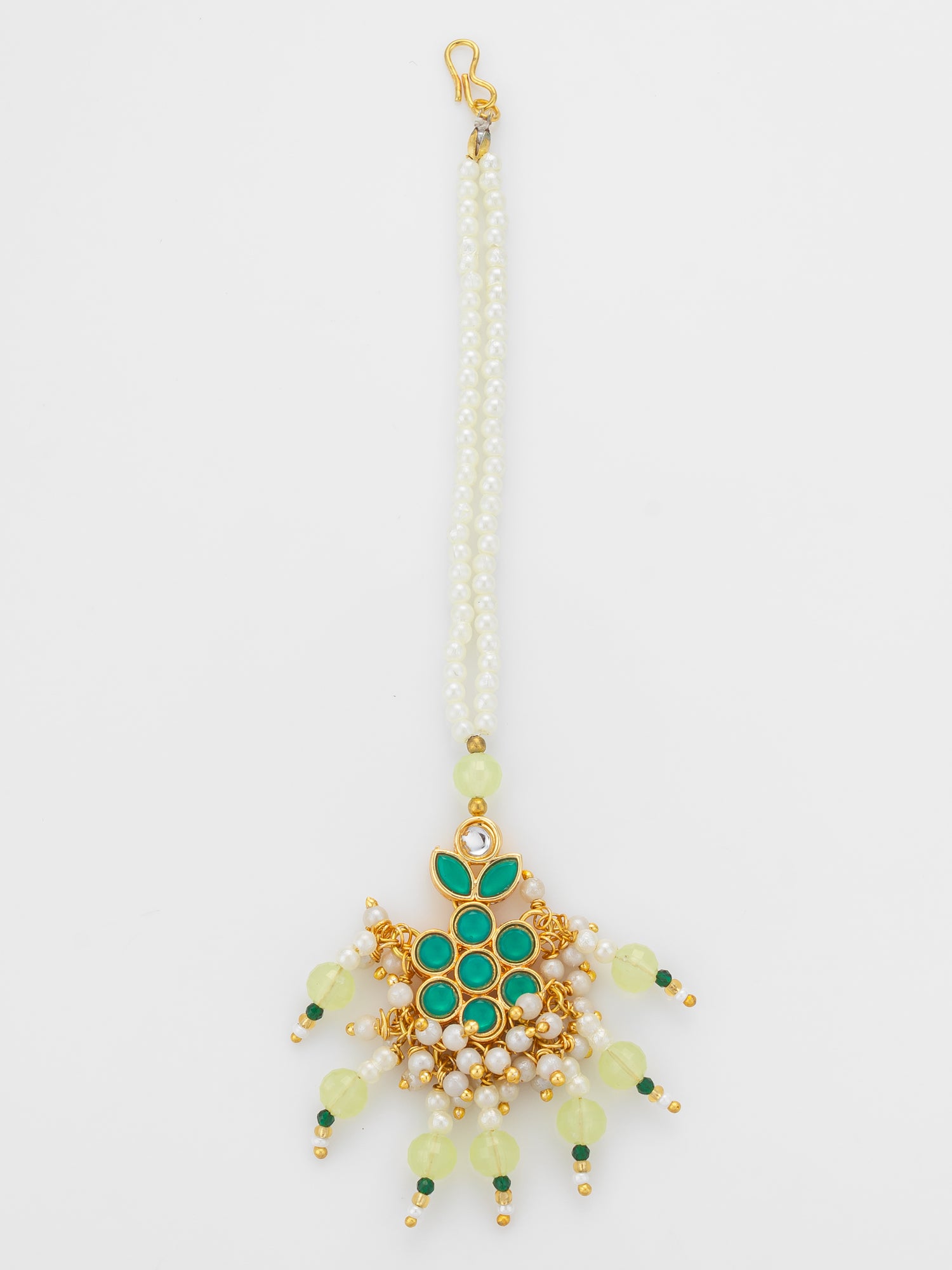 Aadita Gold Plated Teal Kundan Mangtika with Lime Bead Chain and Pearl Fringe | Aadita Jewelry