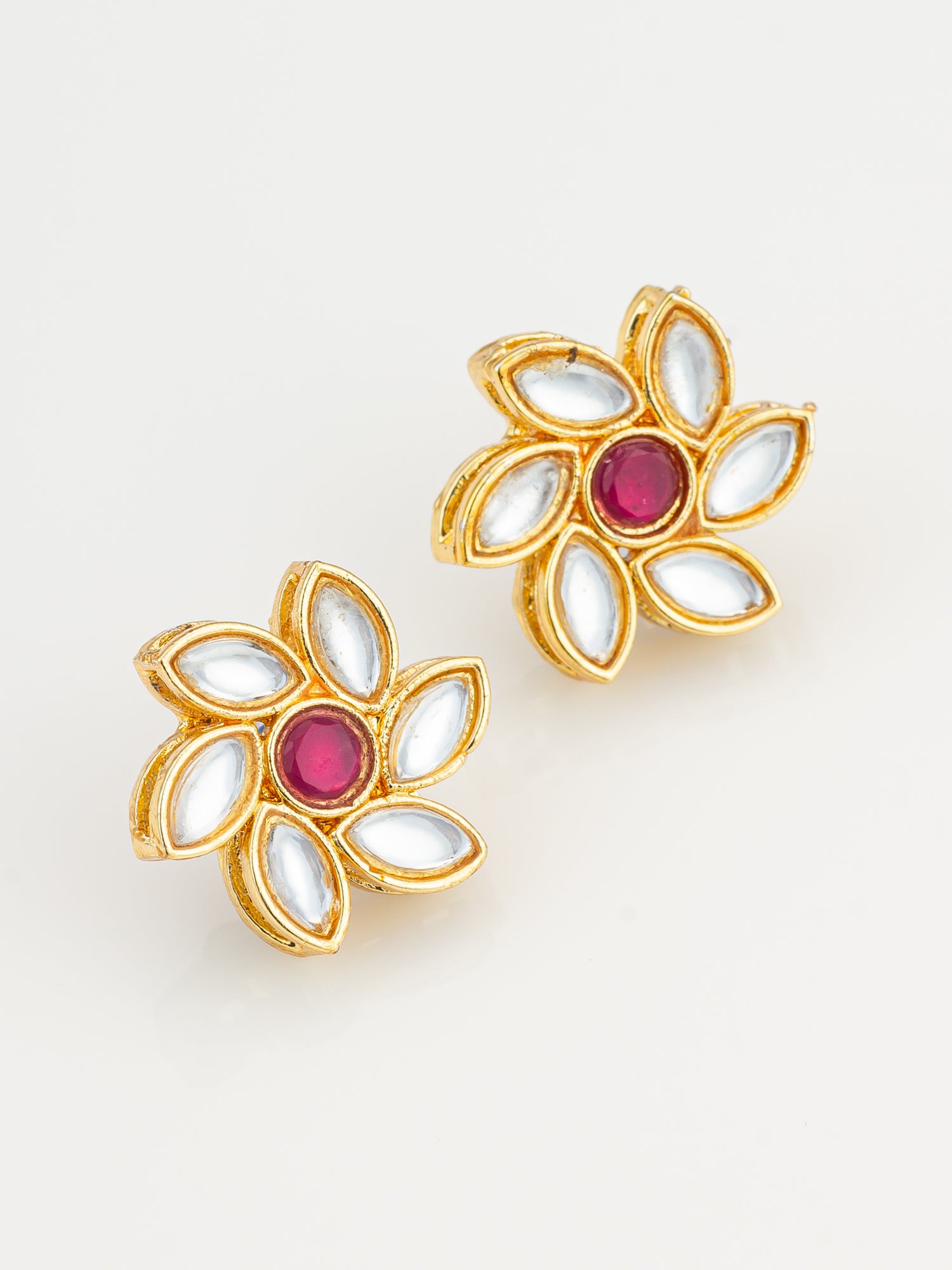 Vibrant Gold Plated White and Pink Kundan Floral Studs – View 2 | Aadita Jewelry