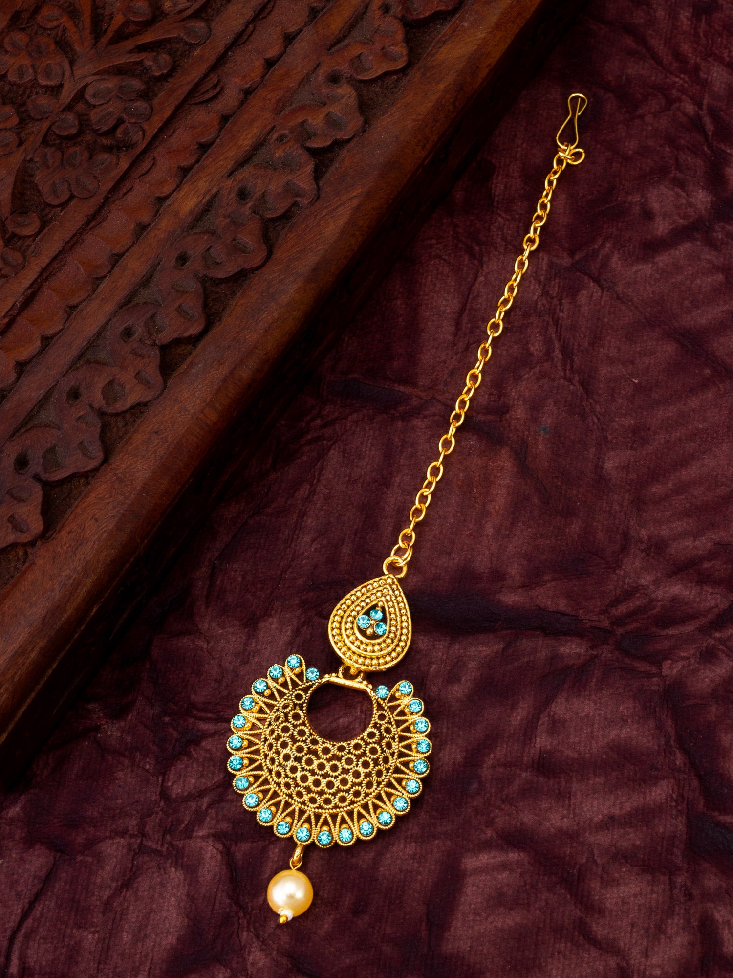 Gold-Plated Chandbali Maang Tikka with Teal Stones and Pearl Drop – View 5 | Aadita Jewelry