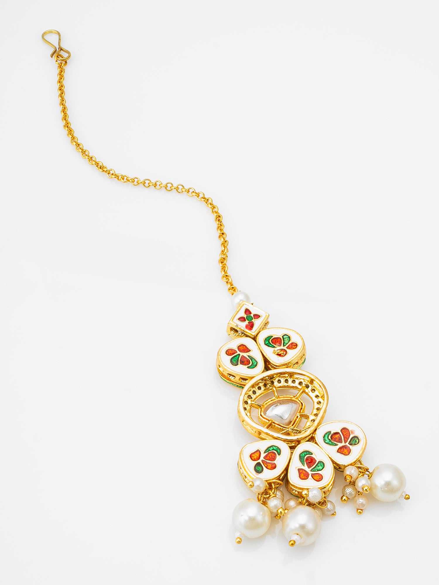 Gold-Plated Polki Kundan Maang Tikka with Pearl Drop – View 2 | Aadita Jewelry