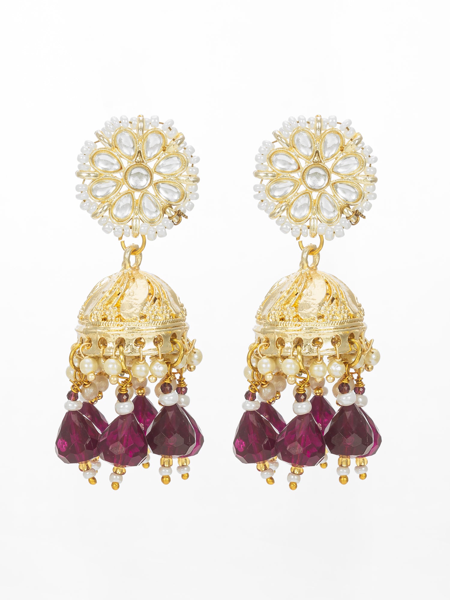 Gold-Plated Maroon Beaded Jhumka Earrings for Women | Aadita Jewelry