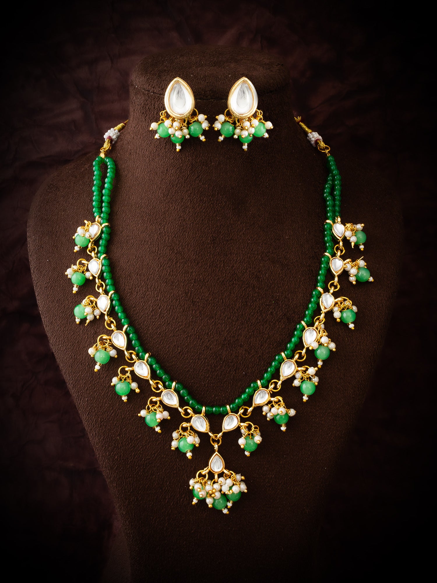 Gold-Plated Kundan Necklace Set with Green Beads and Stud Earrings – View 4 | Aadita Jewelry