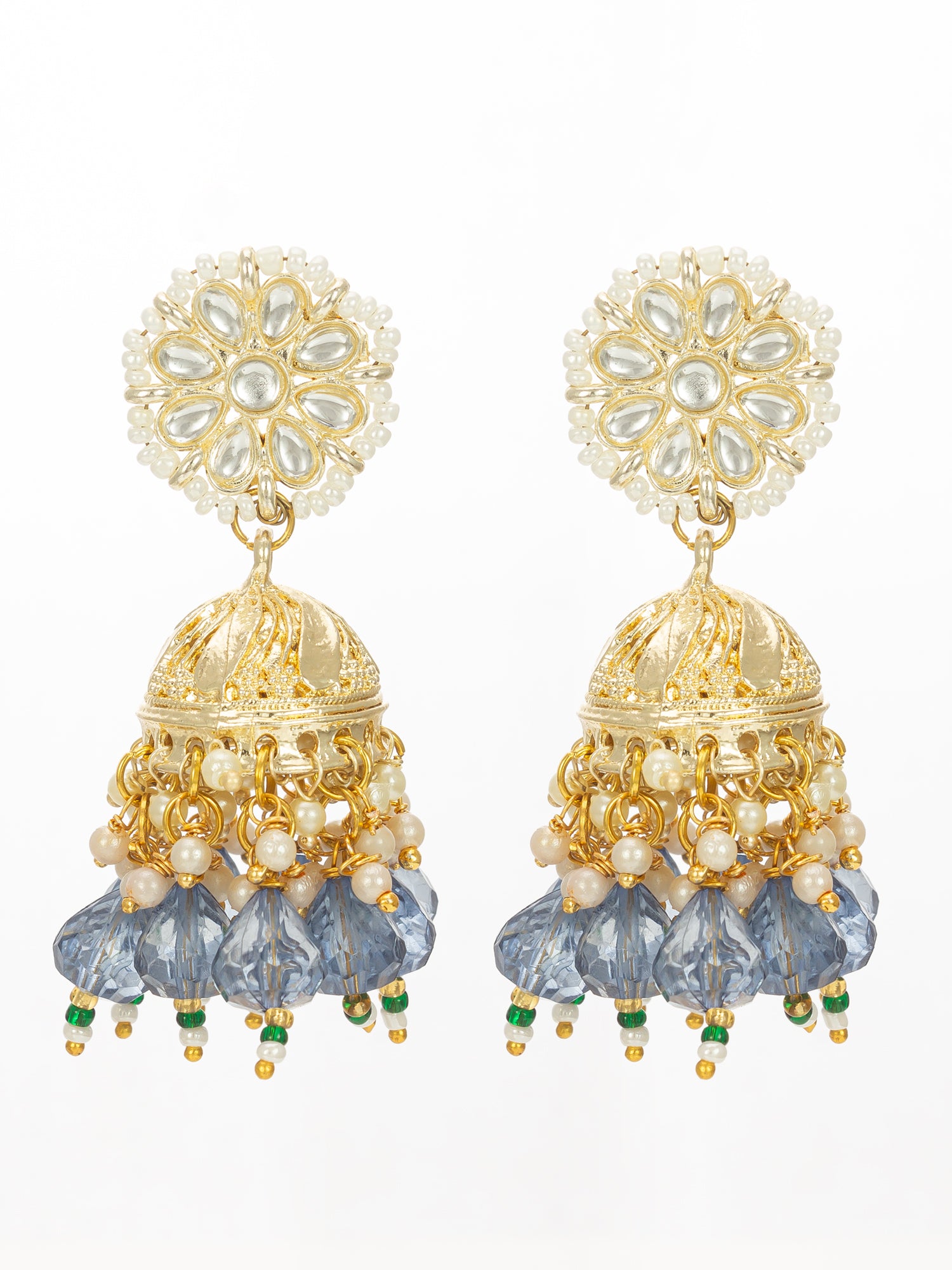Gold-Plated Blue Beaded Kundan Jhumka Earrings | Aadita Jewelry