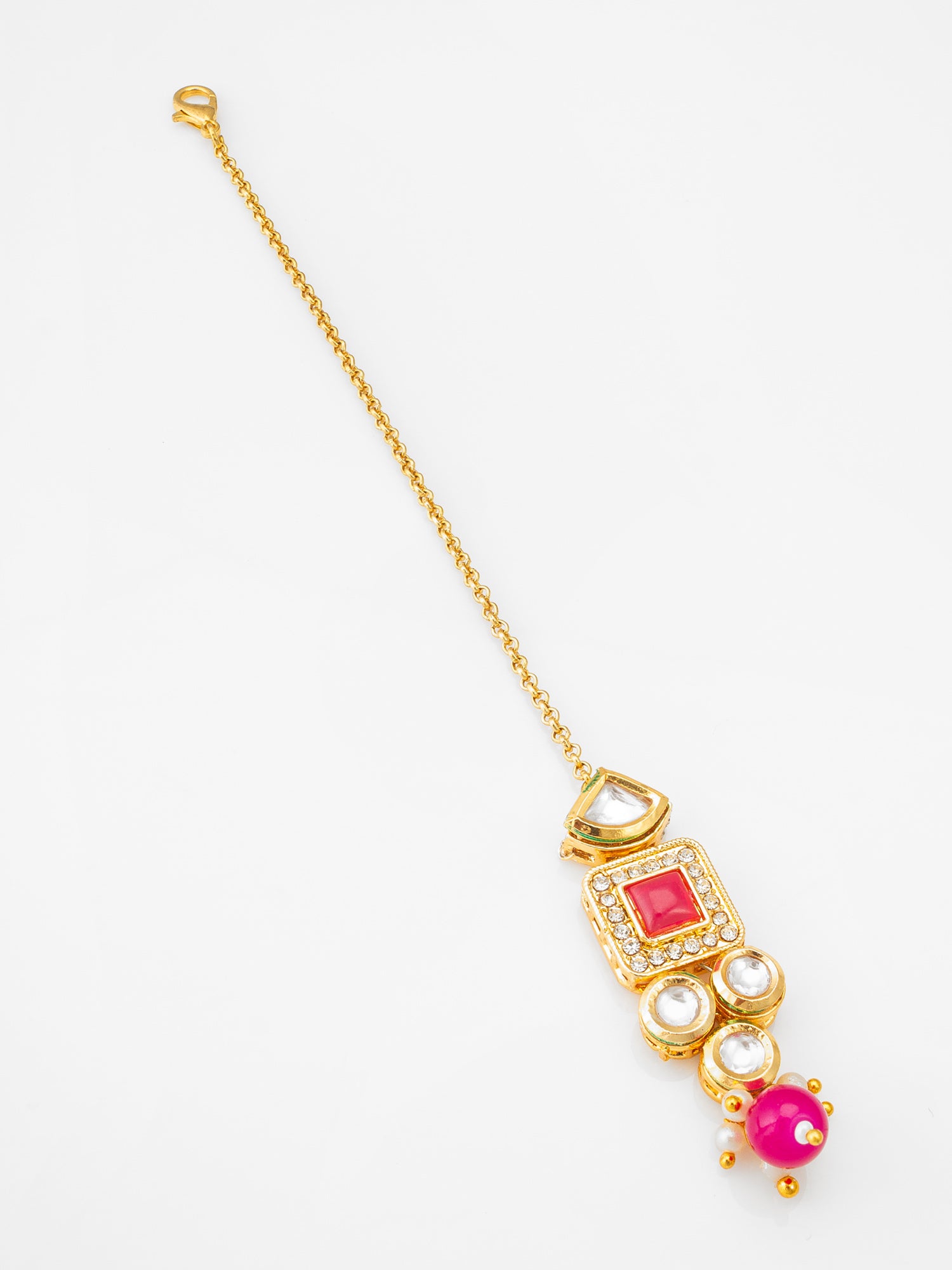 Gold-Plated Kundan Maang Tikka with Pink Stone and AD | Aadita Jewelry